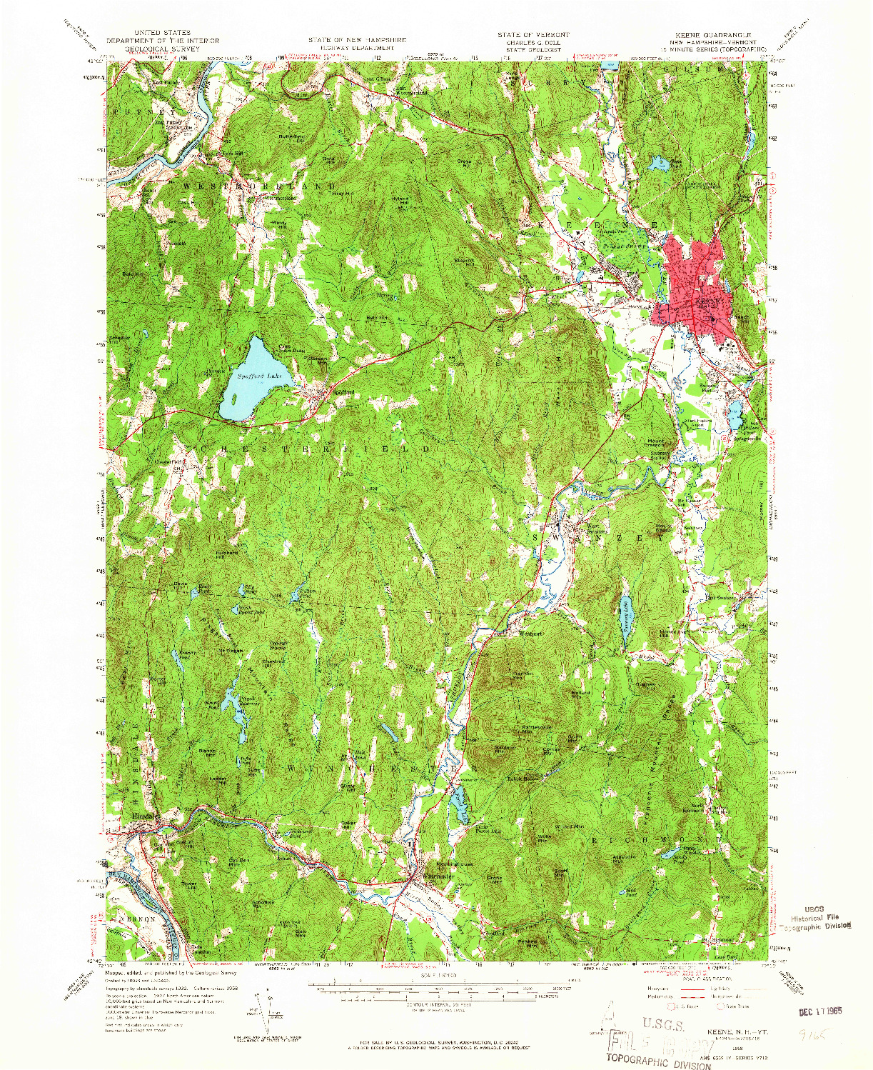 USGS 1:62500-SCALE QUADRANGLE FOR KEENE, NH 1958