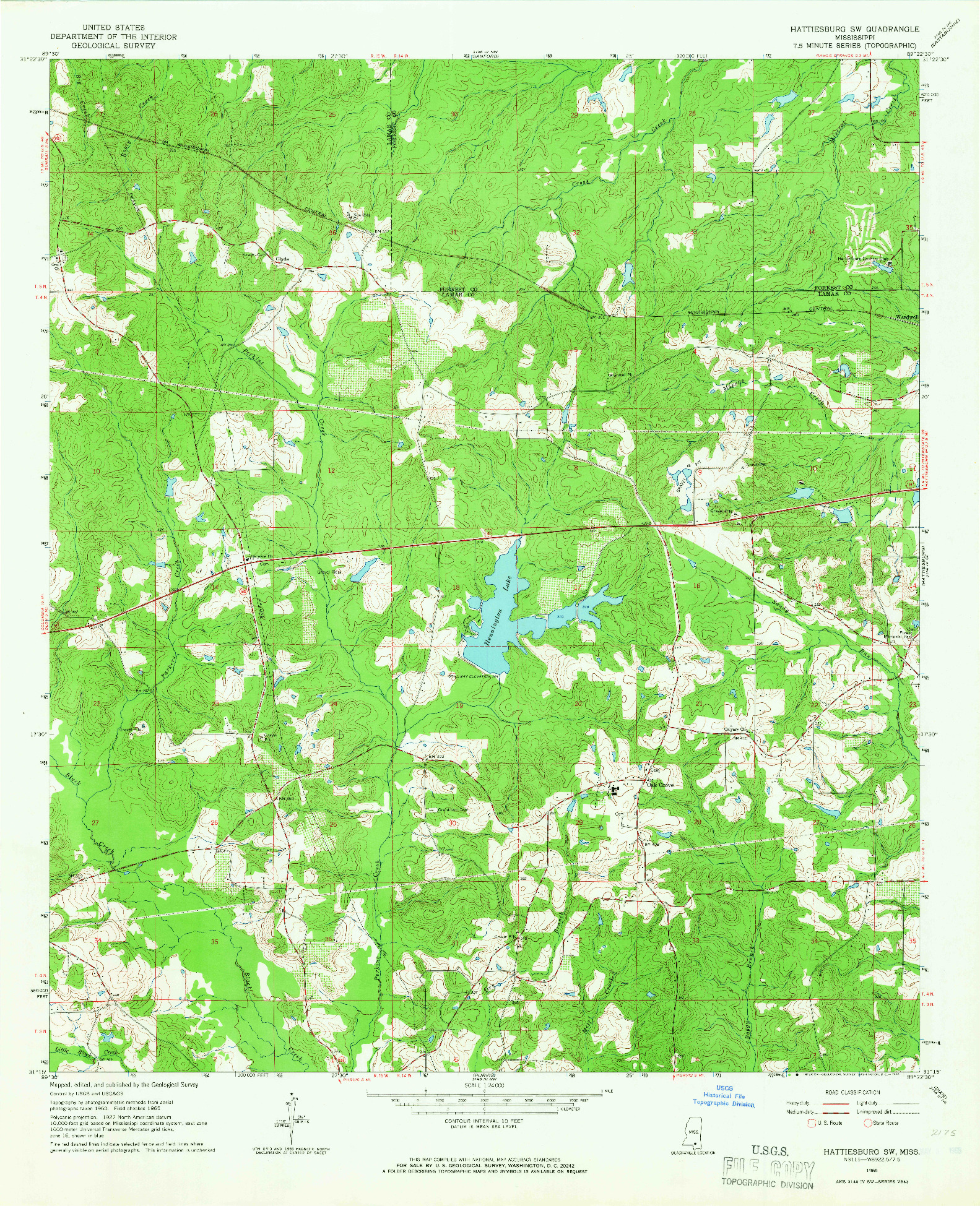 USGS 1:24000-SCALE QUADRANGLE FOR HATTIESBURG SW, MS 1965