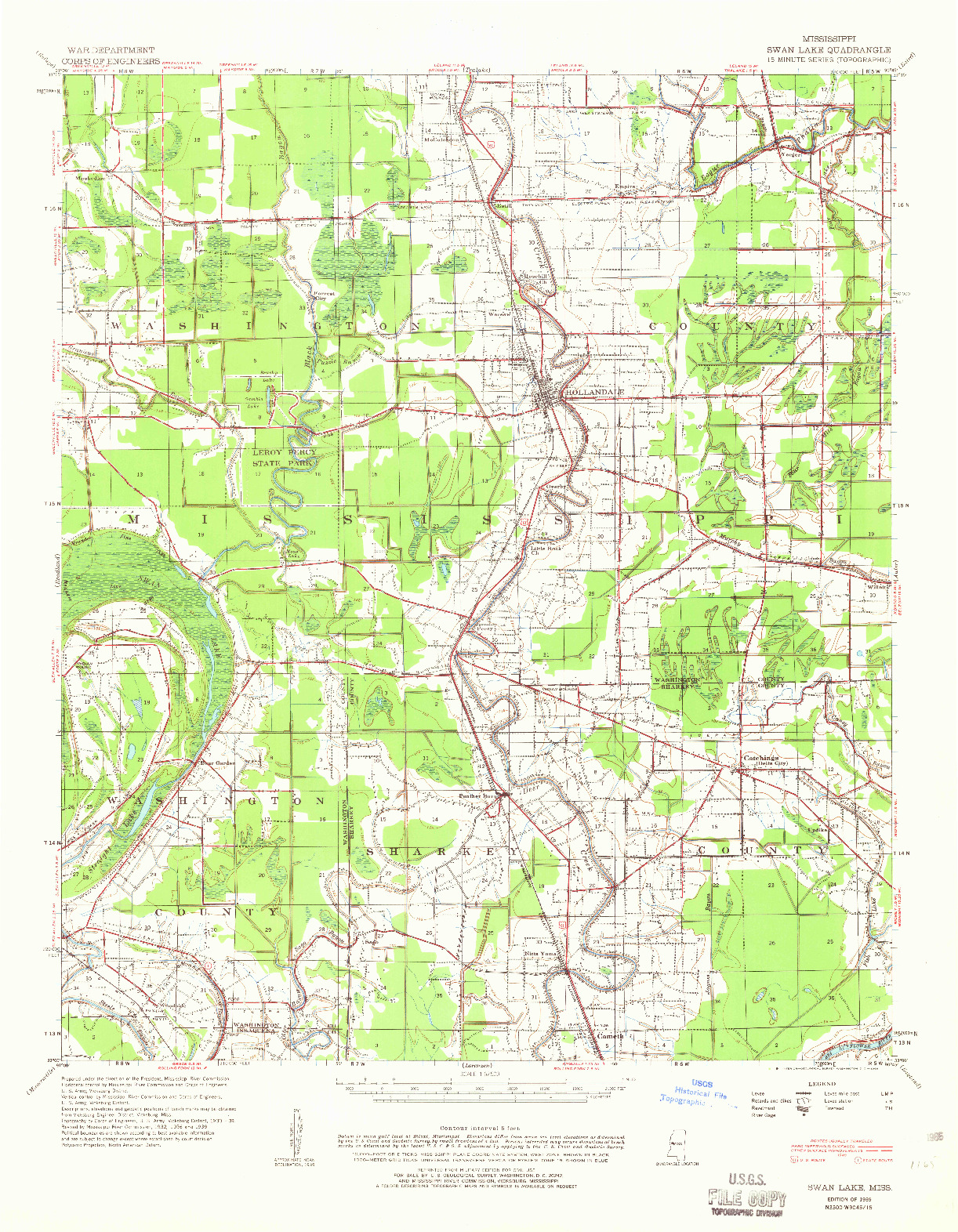 USGS 1:62500-SCALE QUADRANGLE FOR SWAN LAKE, MS 1939