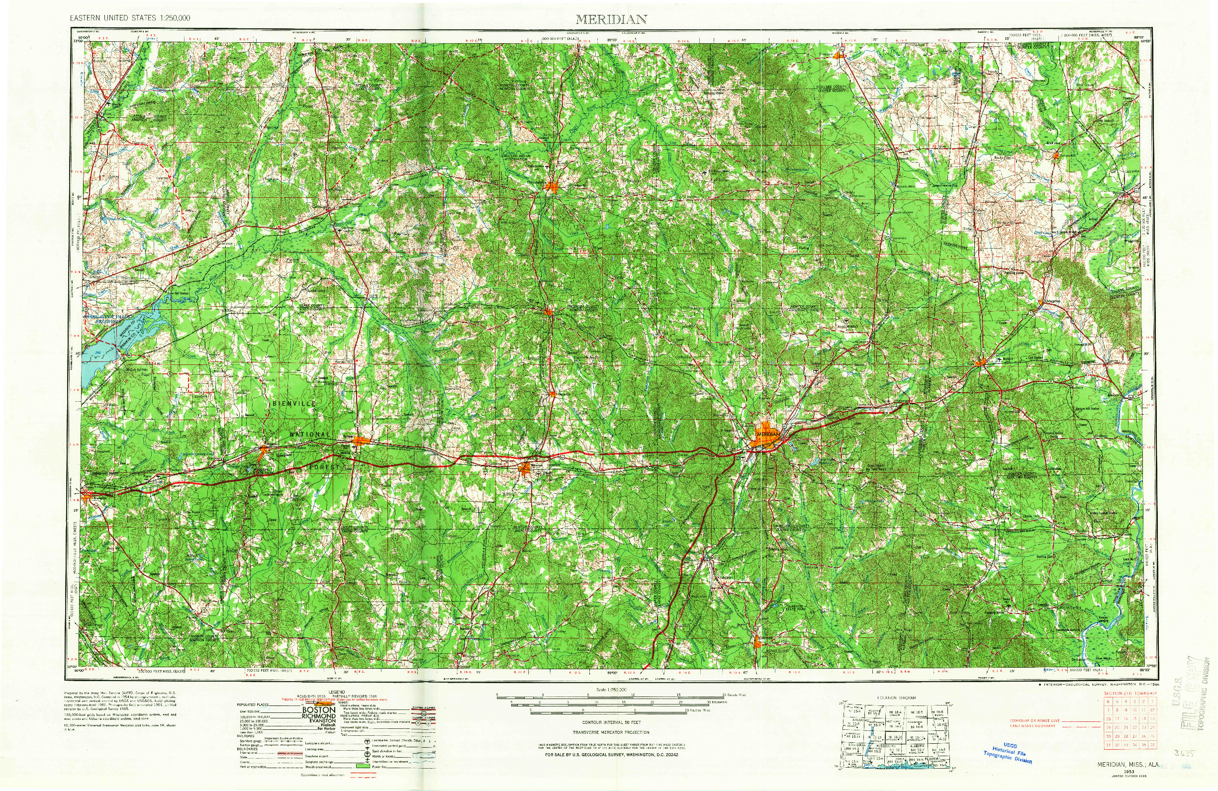 USGS 1:250000-SCALE QUADRANGLE FOR MERIDIAN, MS 1953