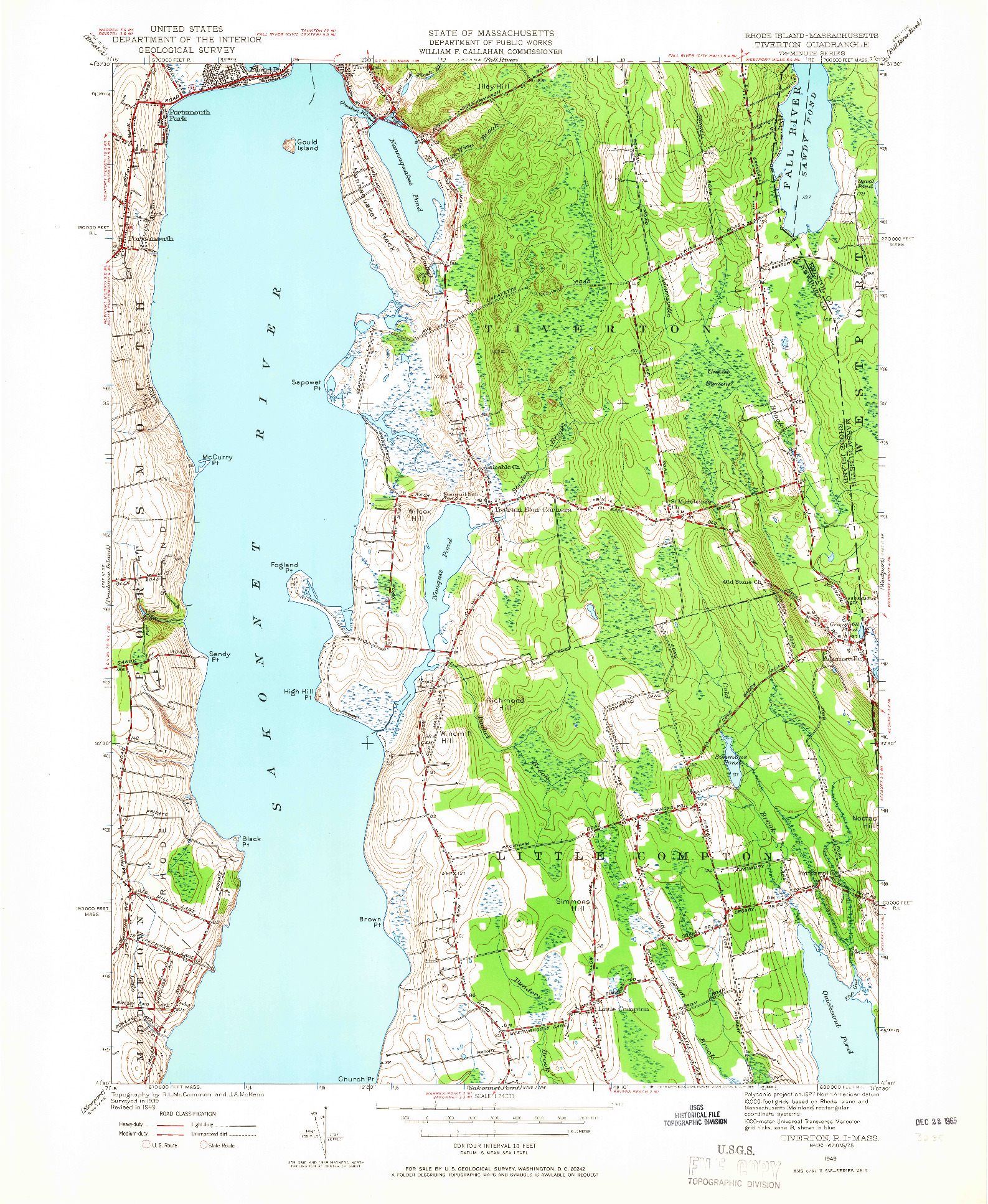 USGS 1:24000-SCALE QUADRANGLE FOR TIVERTON, RI 1949