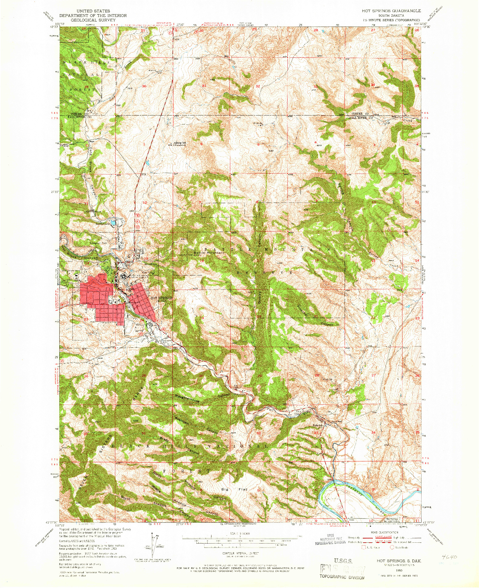 USGS 1:24000-SCALE QUADRANGLE FOR HOT SPRINGS, SD 1950