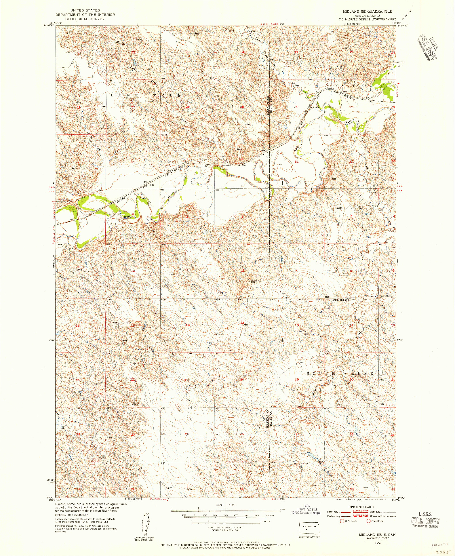 USGS 1:24000-SCALE QUADRANGLE FOR MIDLAND SE, SD 1954