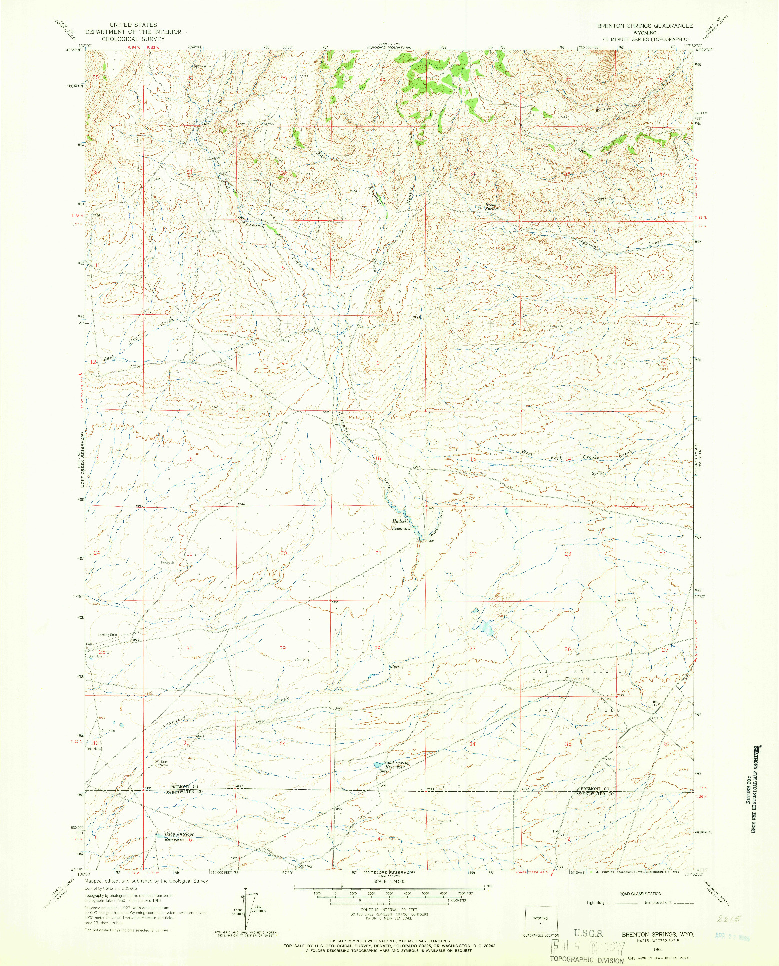 USGS 1:24000-SCALE QUADRANGLE FOR BRENTON SPRINGS, WY 1961