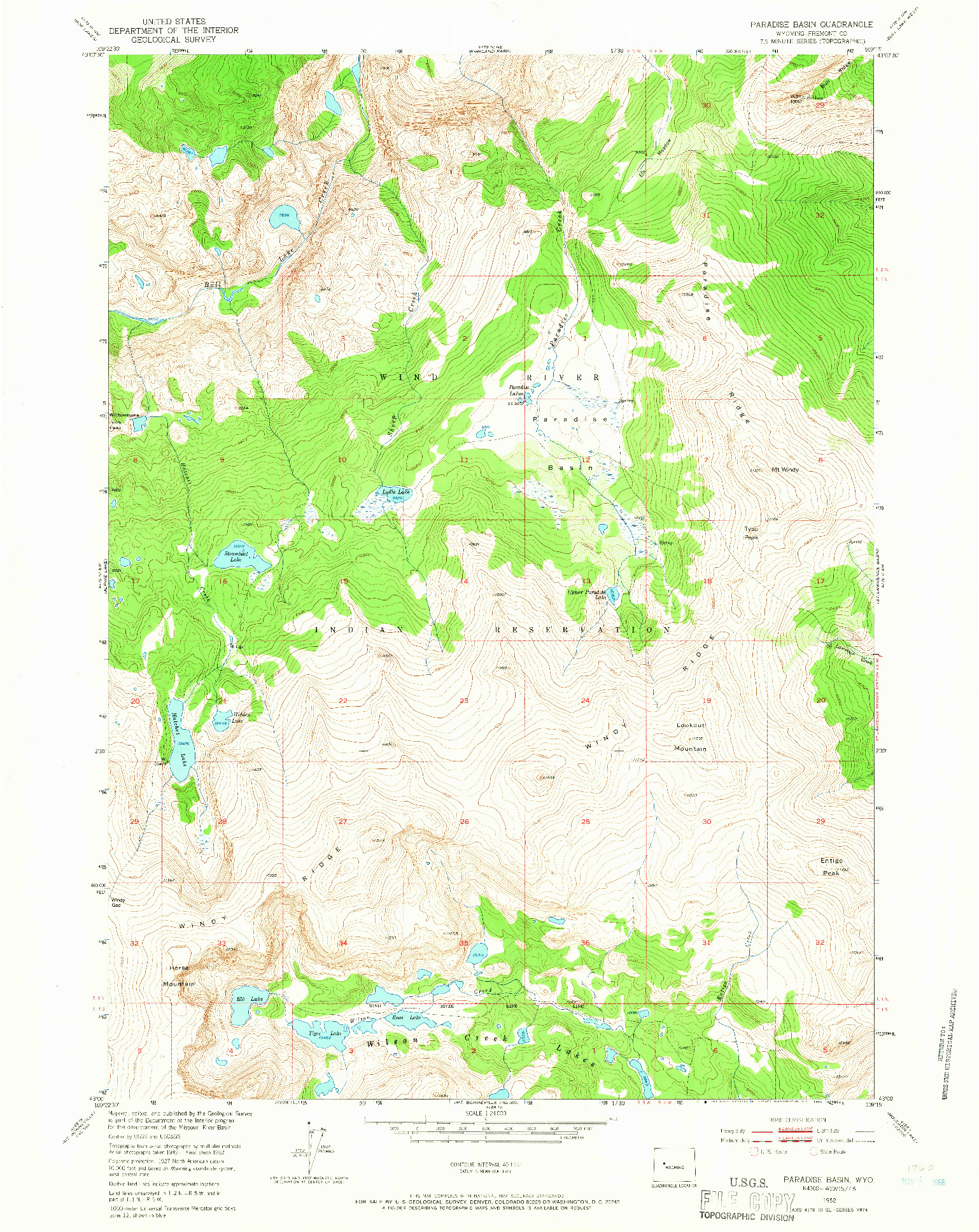 USGS 1:24000-SCALE QUADRANGLE FOR PARADISE BASIN, WY 1952