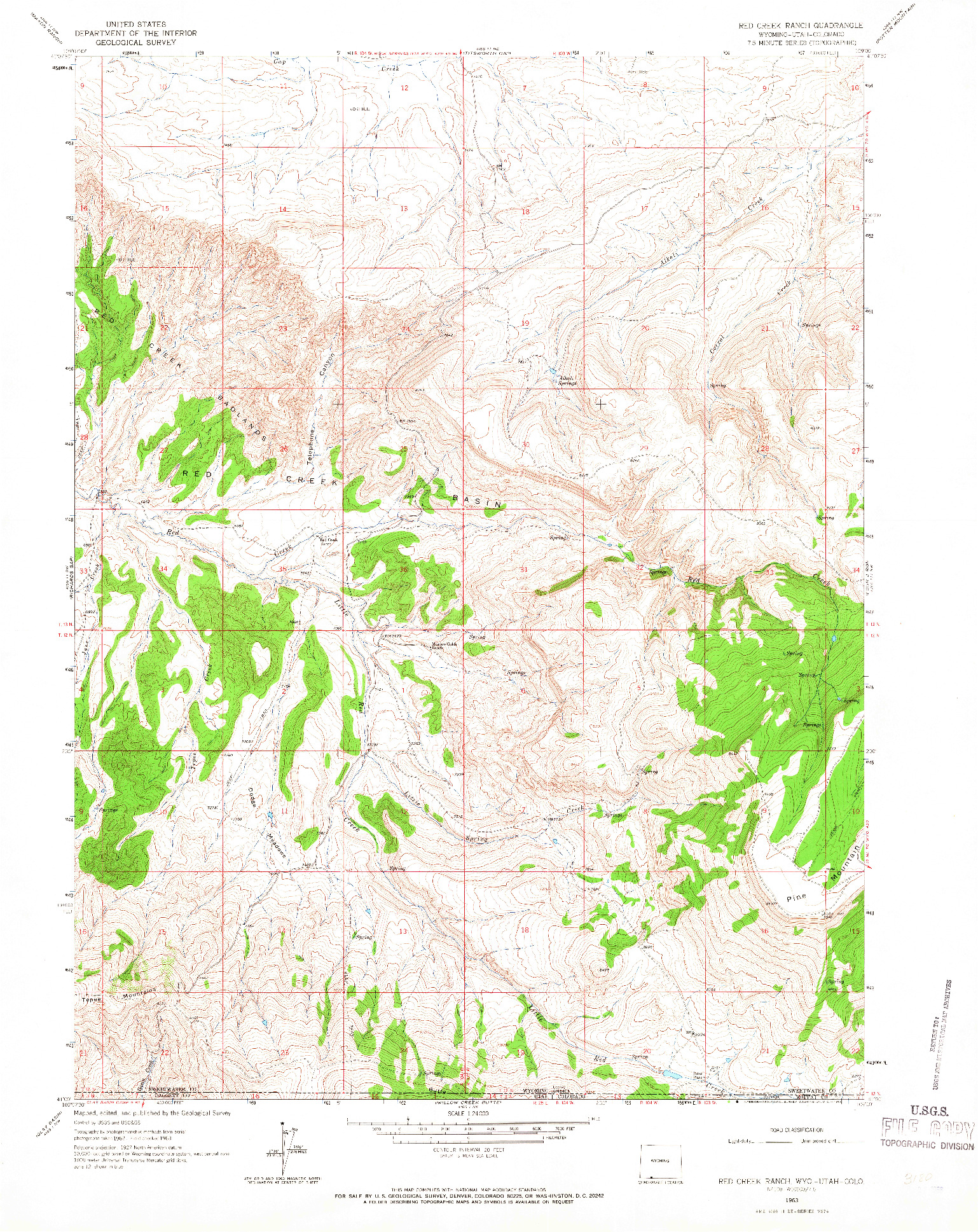 USGS 1:24000-SCALE QUADRANGLE FOR RED CREEK RANCH, WY 1963