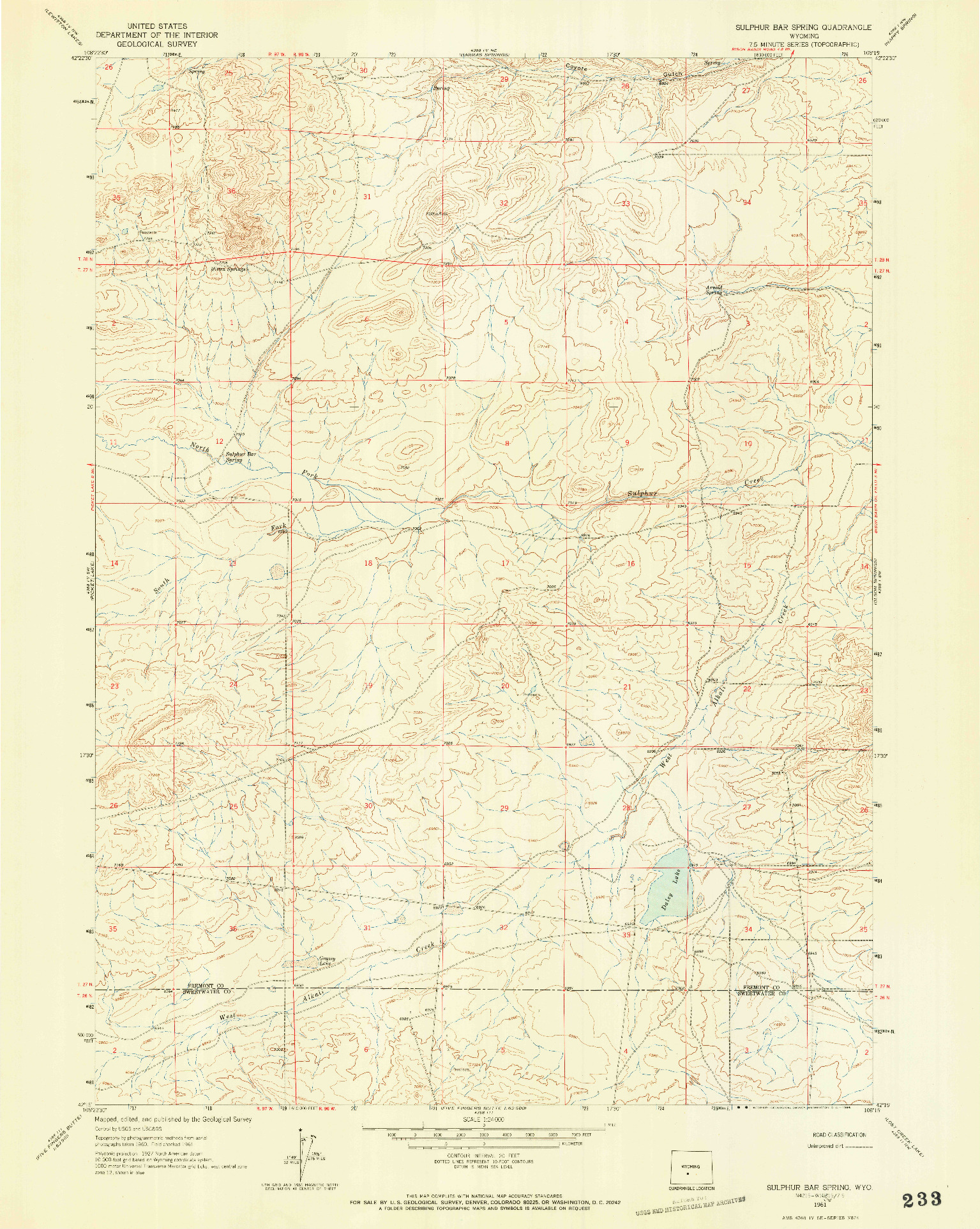 USGS 1:24000-SCALE QUADRANGLE FOR SULPHUR BAR SPRING, WY 1961