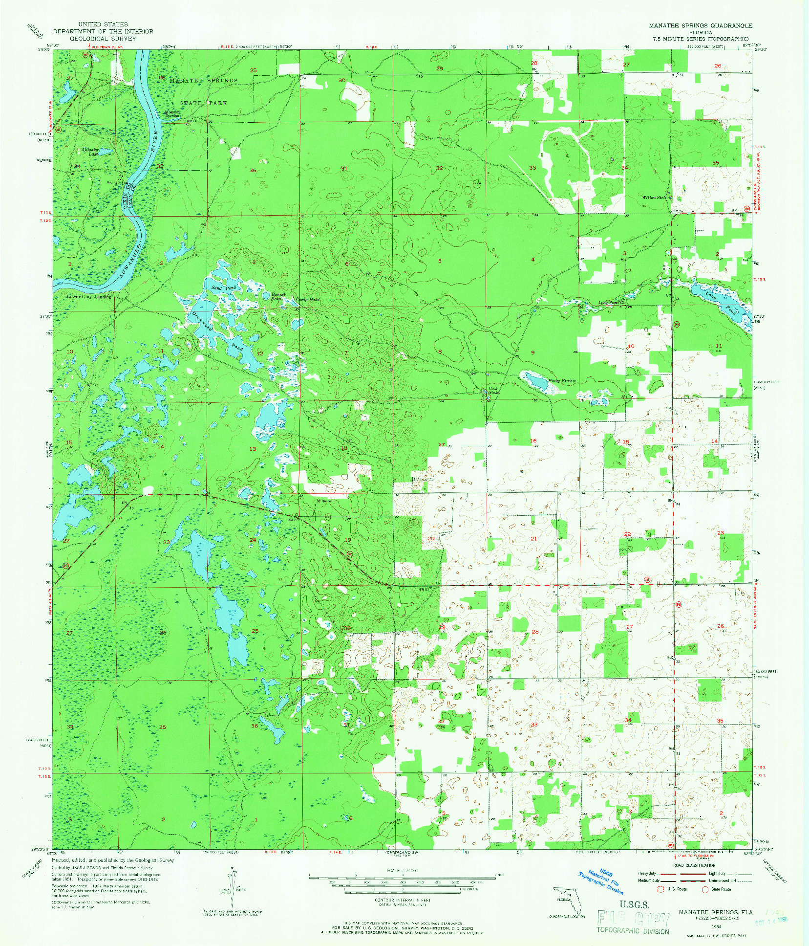 USGS 1:24000-SCALE QUADRANGLE FOR MANATEE SPRINGS, FL 1954