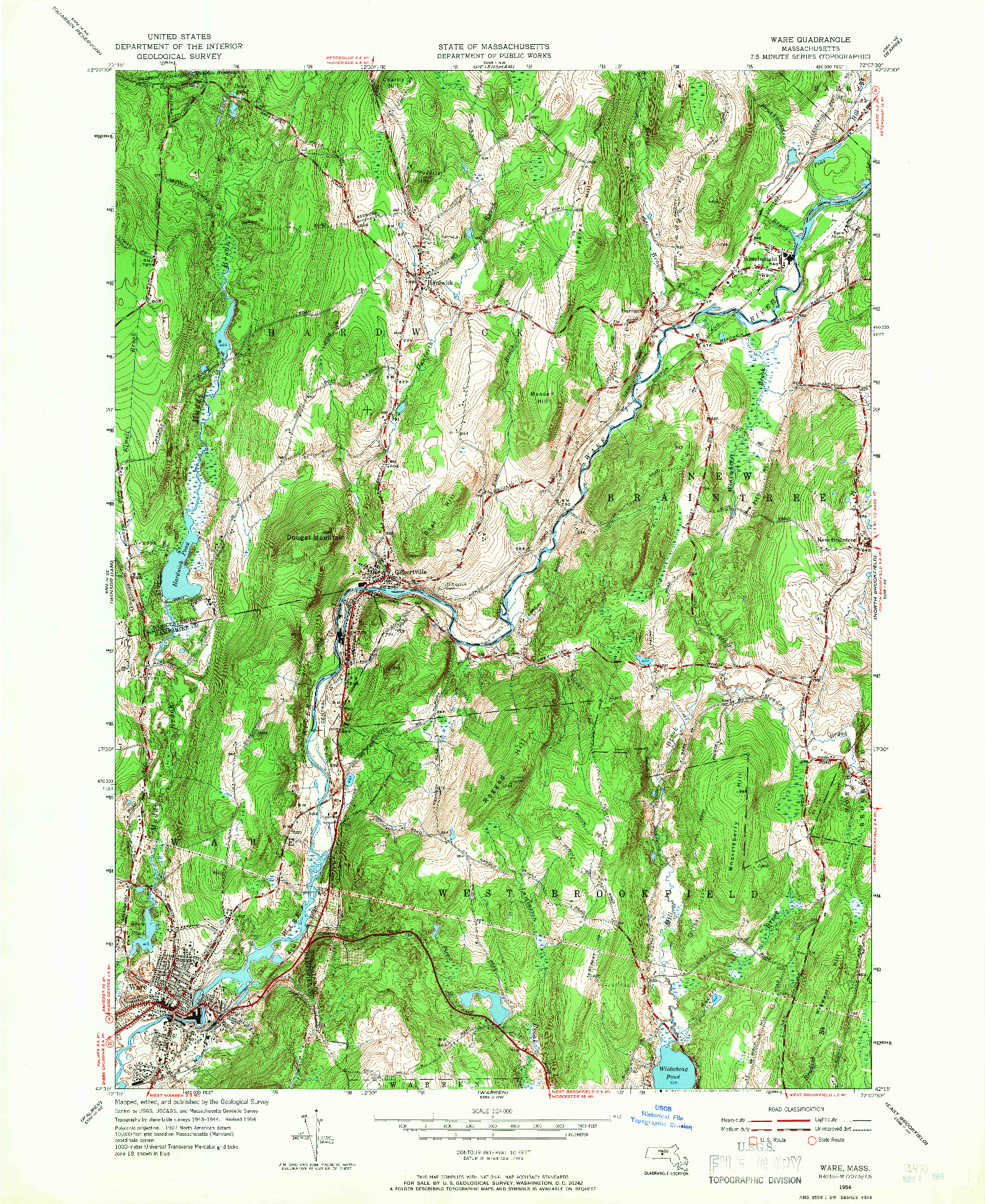 USGS 1:24000-SCALE QUADRANGLE FOR WARE, MA 1954