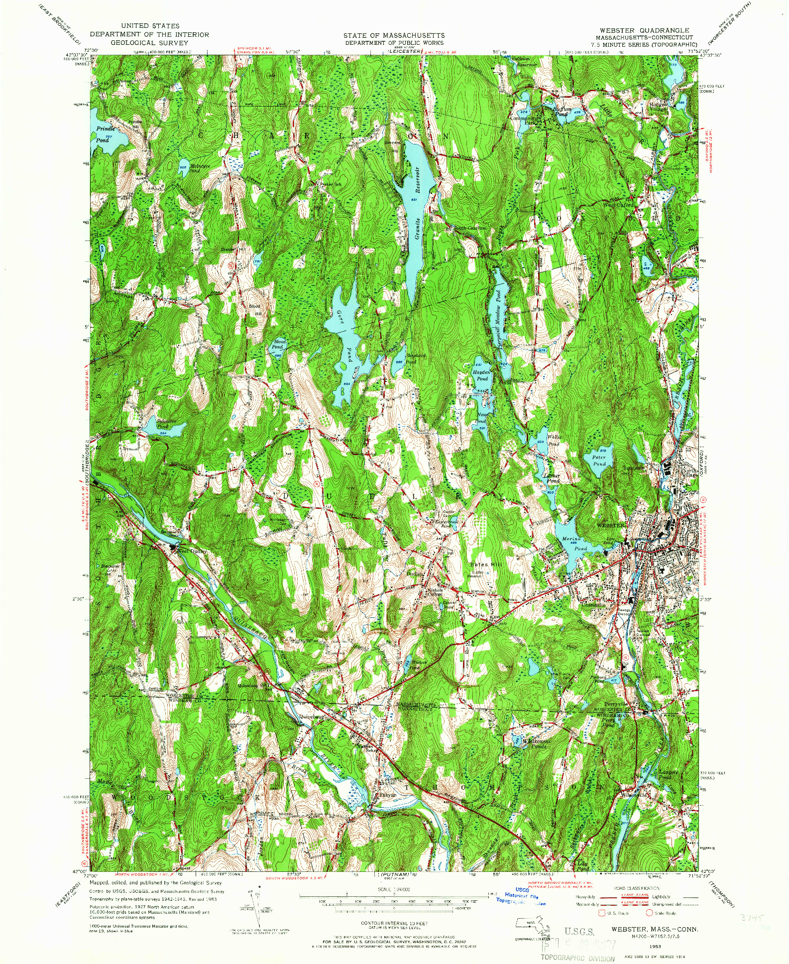 USGS 1:24000-SCALE QUADRANGLE FOR WEBSTER, MA 1953