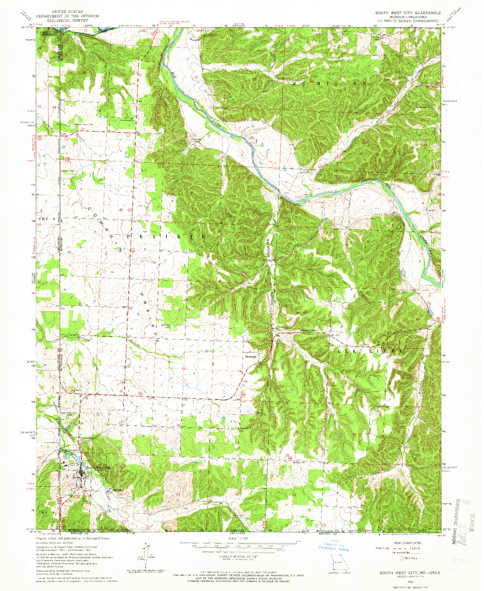 USGS 1:24000-SCALE QUADRANGLE FOR SOUTH WEST CITY, MO 1965