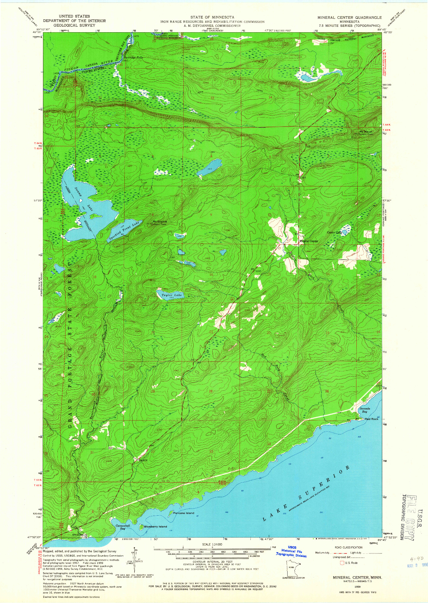 USGS 1:24000-SCALE QUADRANGLE FOR MINERAL CENTER, MN 1959