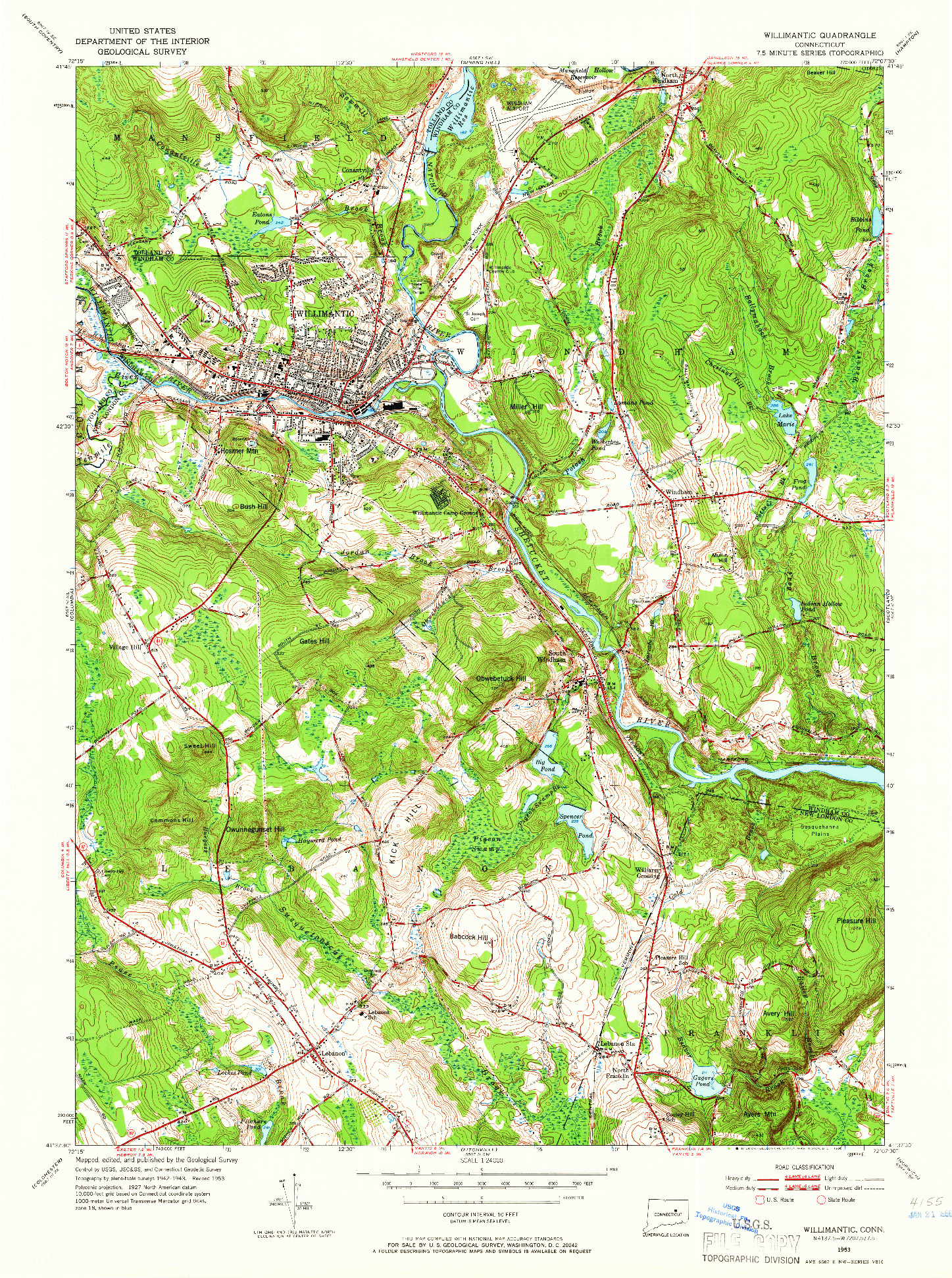 USGS 1:24000-SCALE QUADRANGLE FOR WILLIMANTIC, CT 1953