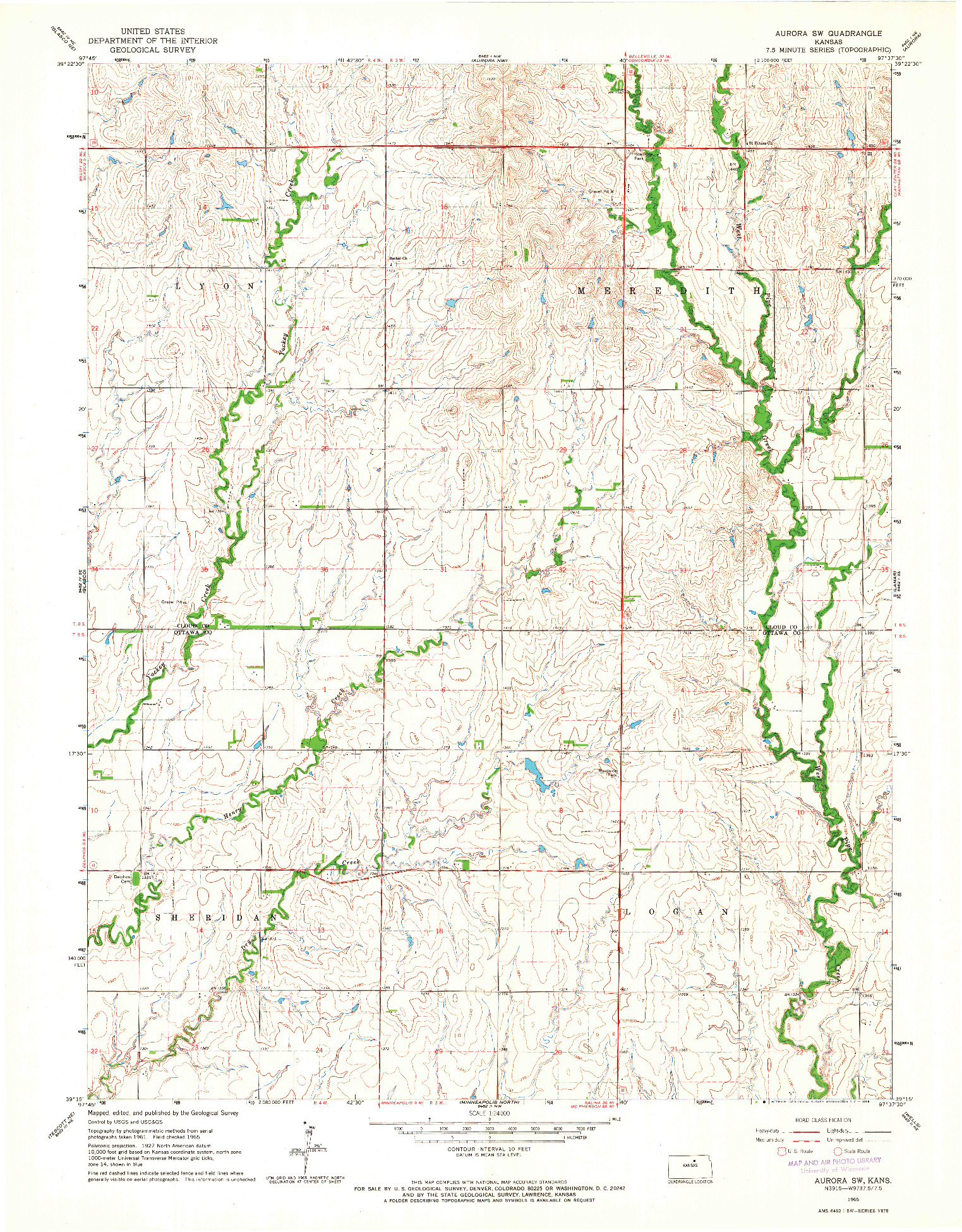 USGS 1:24000-SCALE QUADRANGLE FOR AURORA SW, KS 1965