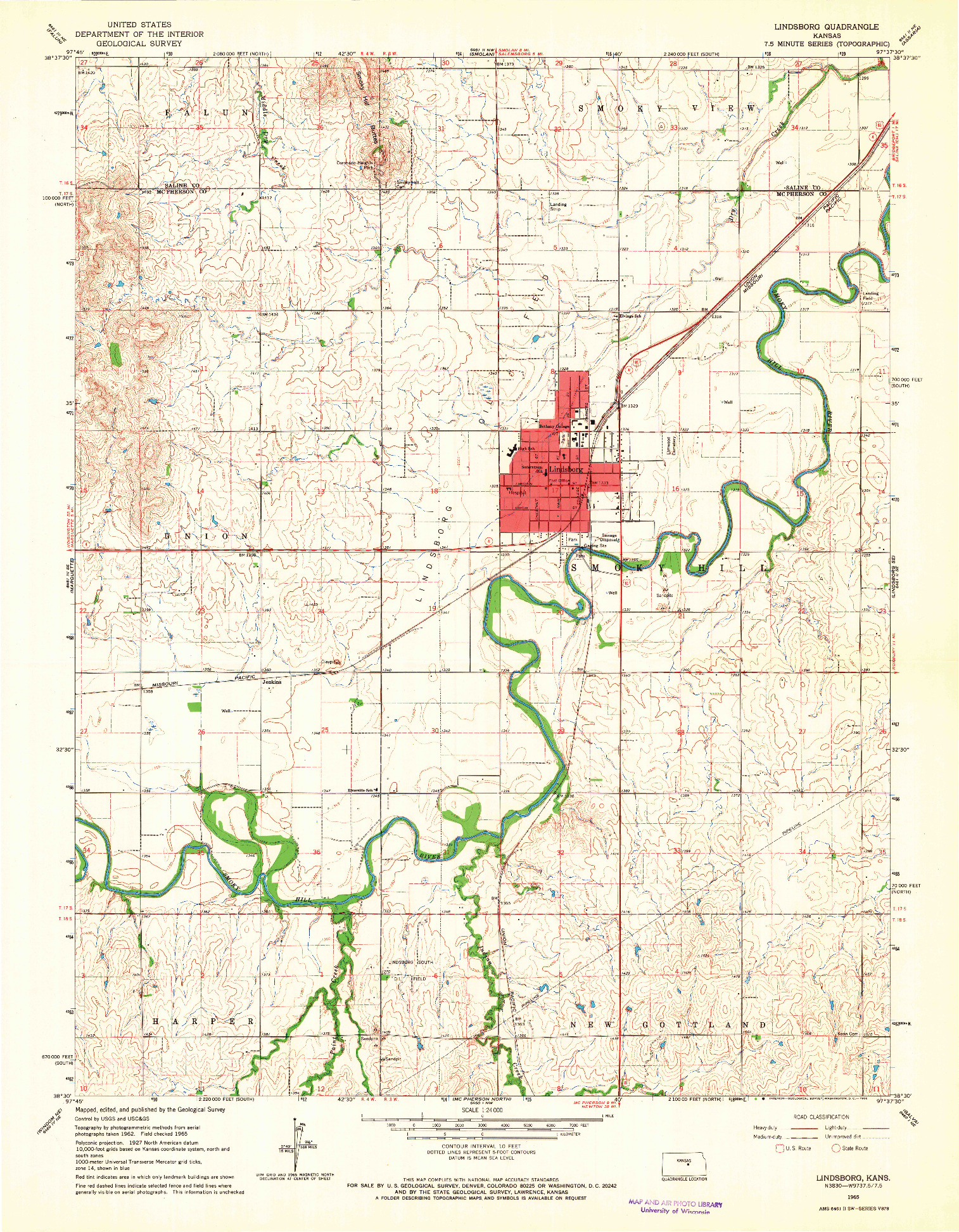 USGS 1:24000-SCALE QUADRANGLE FOR LINDSBORG, KS 1965