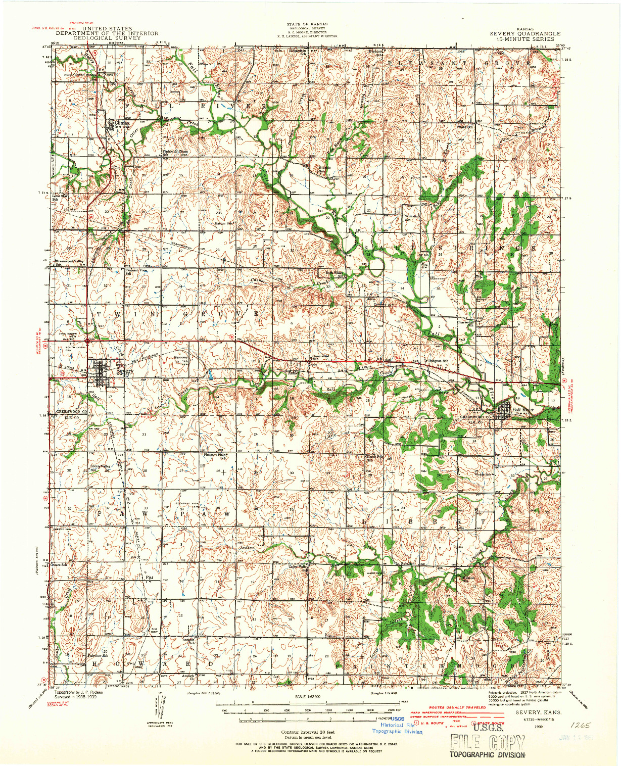 USGS 1:62500-SCALE QUADRANGLE FOR SEVERY, KS 1939