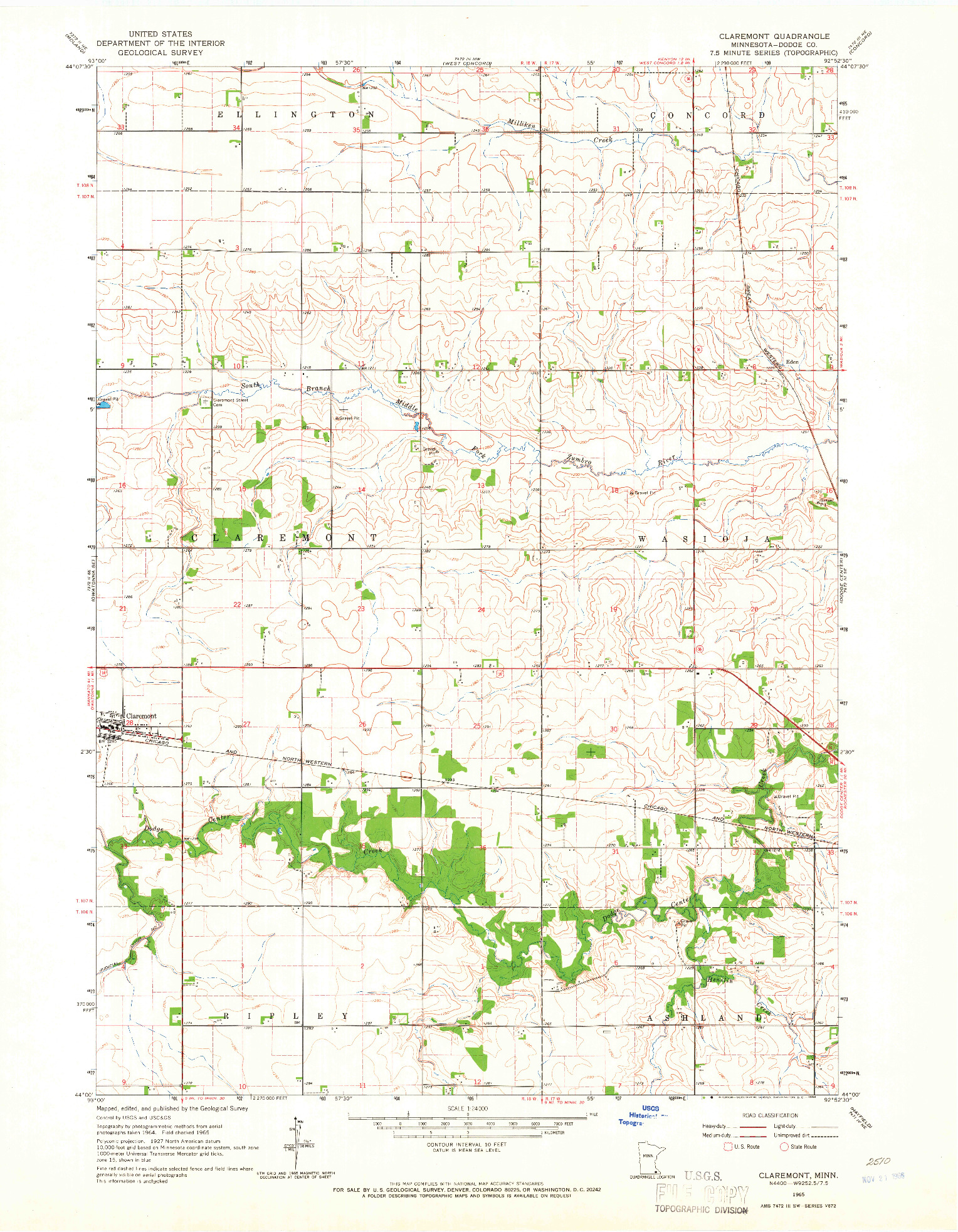 USGS 1:24000-SCALE QUADRANGLE FOR CLAREMONT, MN 1965