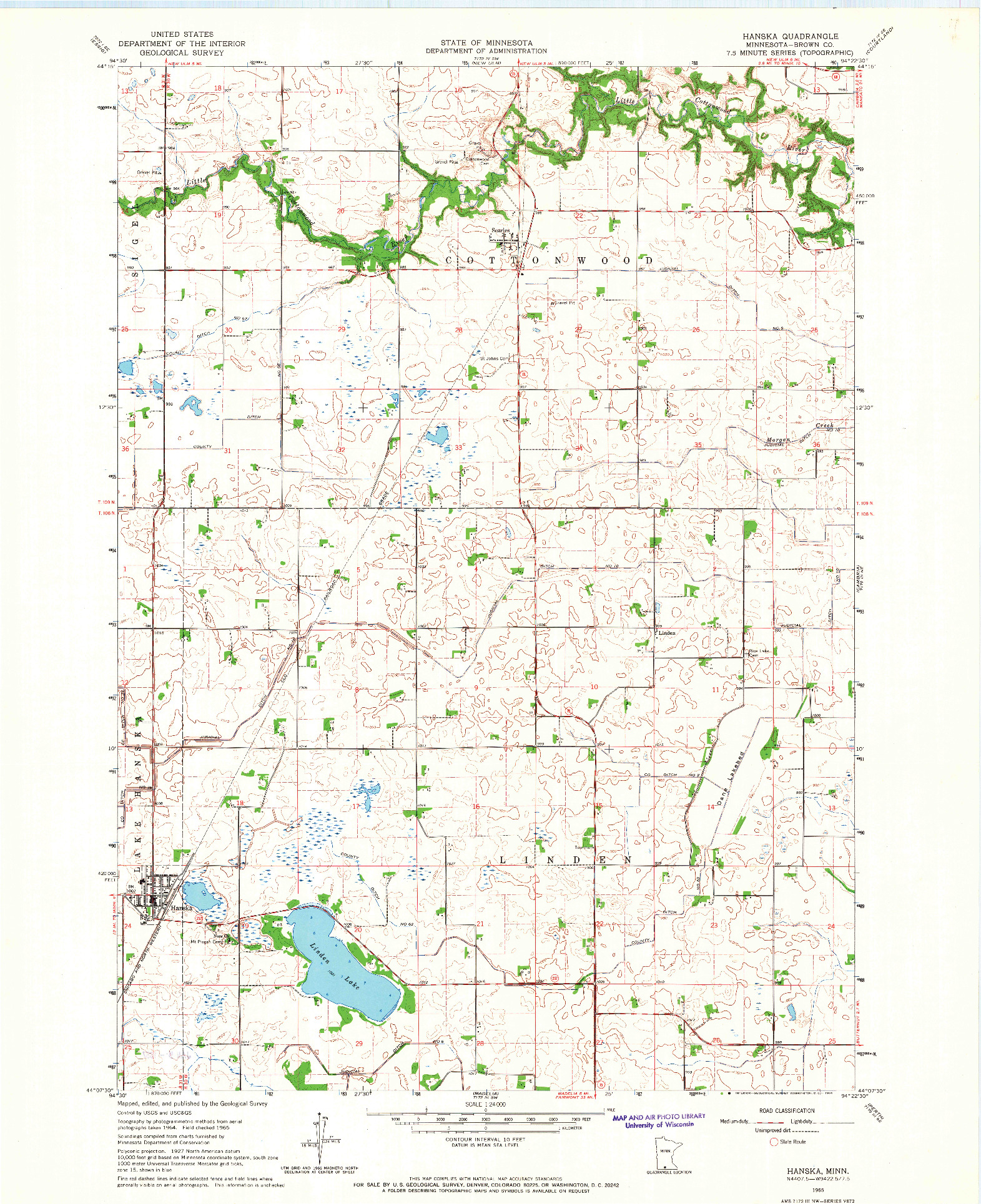 USGS 1:24000-SCALE QUADRANGLE FOR HANSKA, MN 1965
