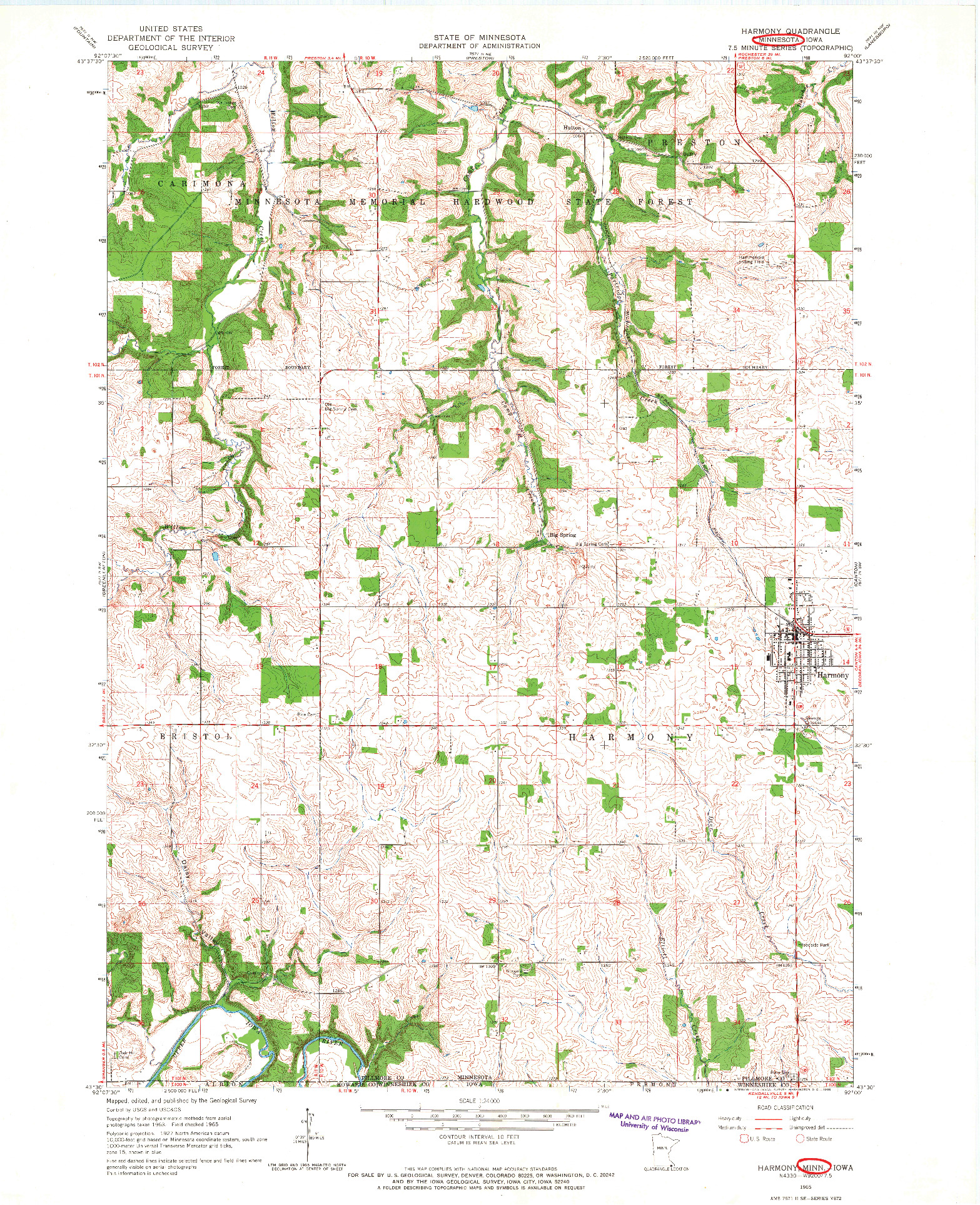 USGS 1:24000-SCALE QUADRANGLE FOR HARMONY, MN 1965