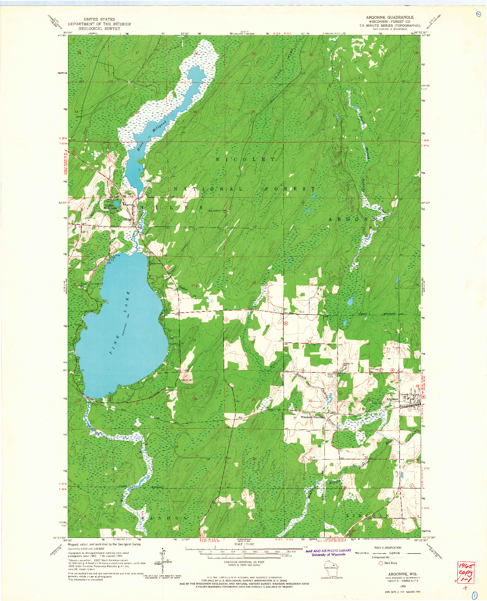 USGS 1:24000-SCALE QUADRANGLE FOR ARGONNE, WI 1965