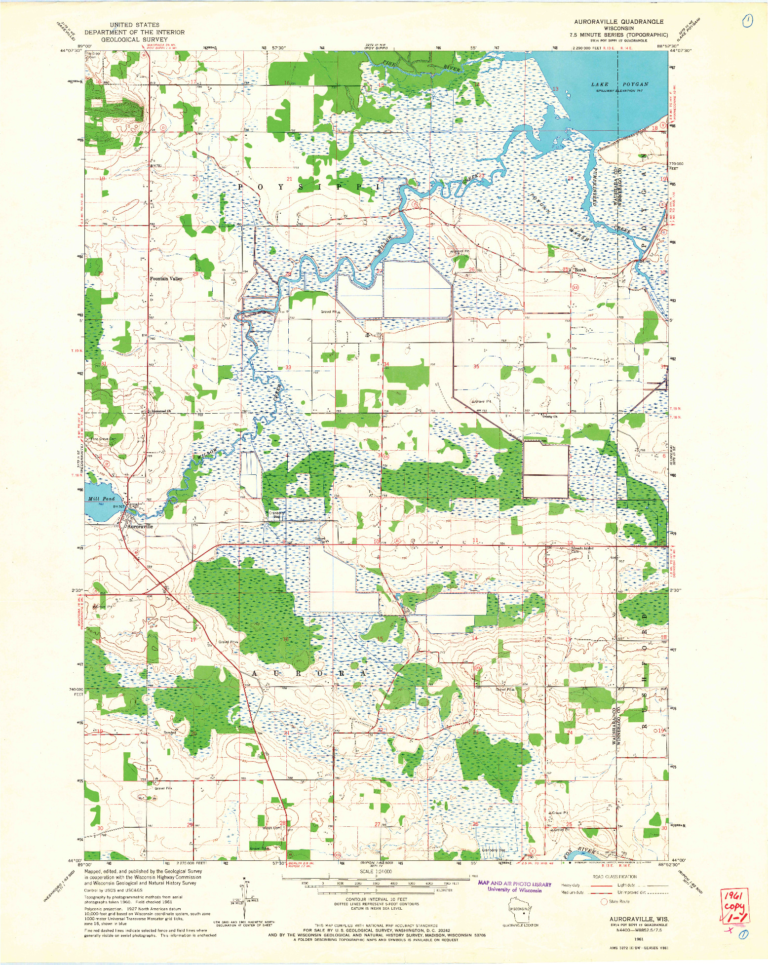 USGS 1:24000-SCALE QUADRANGLE FOR AURORAVILLE, WI 1961