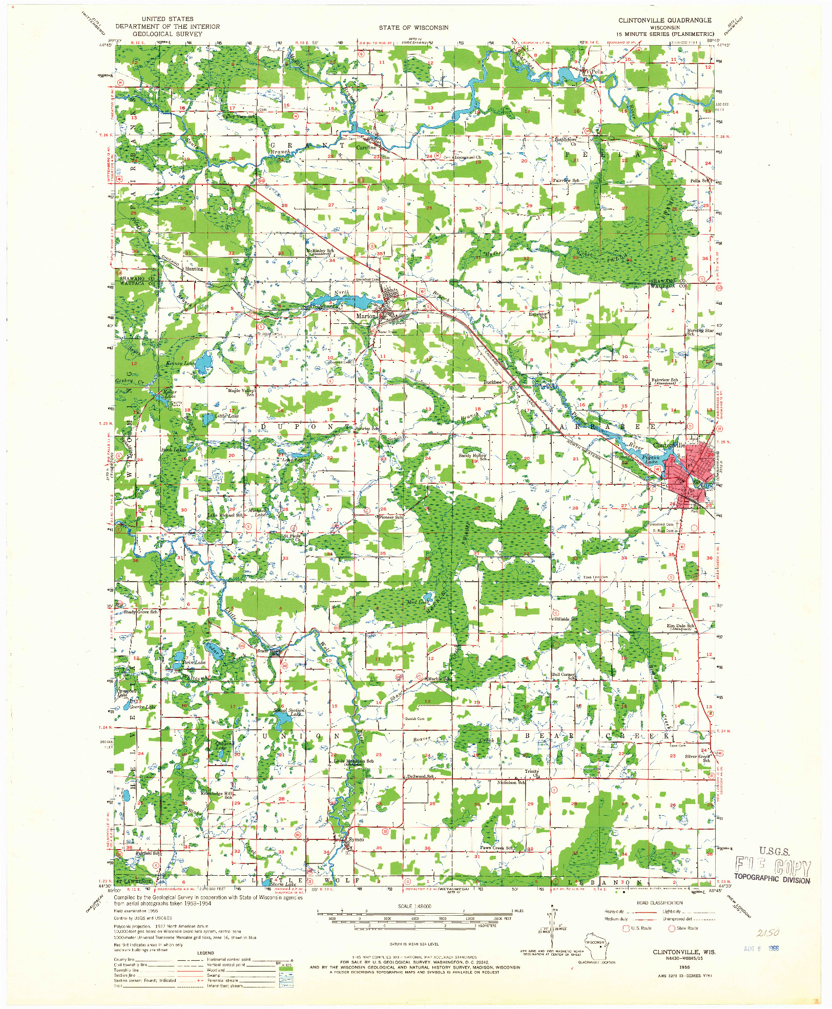 USGS 1:48000-SCALE QUADRANGLE FOR CLINTONVILLE, WI 1955
