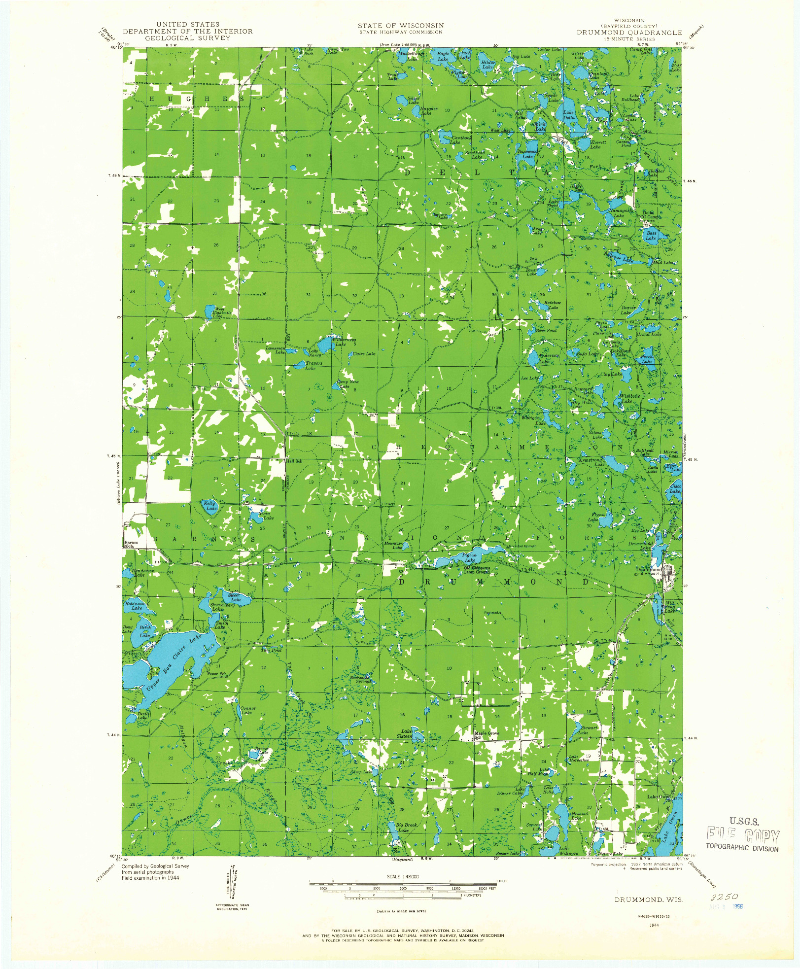 USGS 1:48000-SCALE QUADRANGLE FOR DRUMMOND, WI 1944