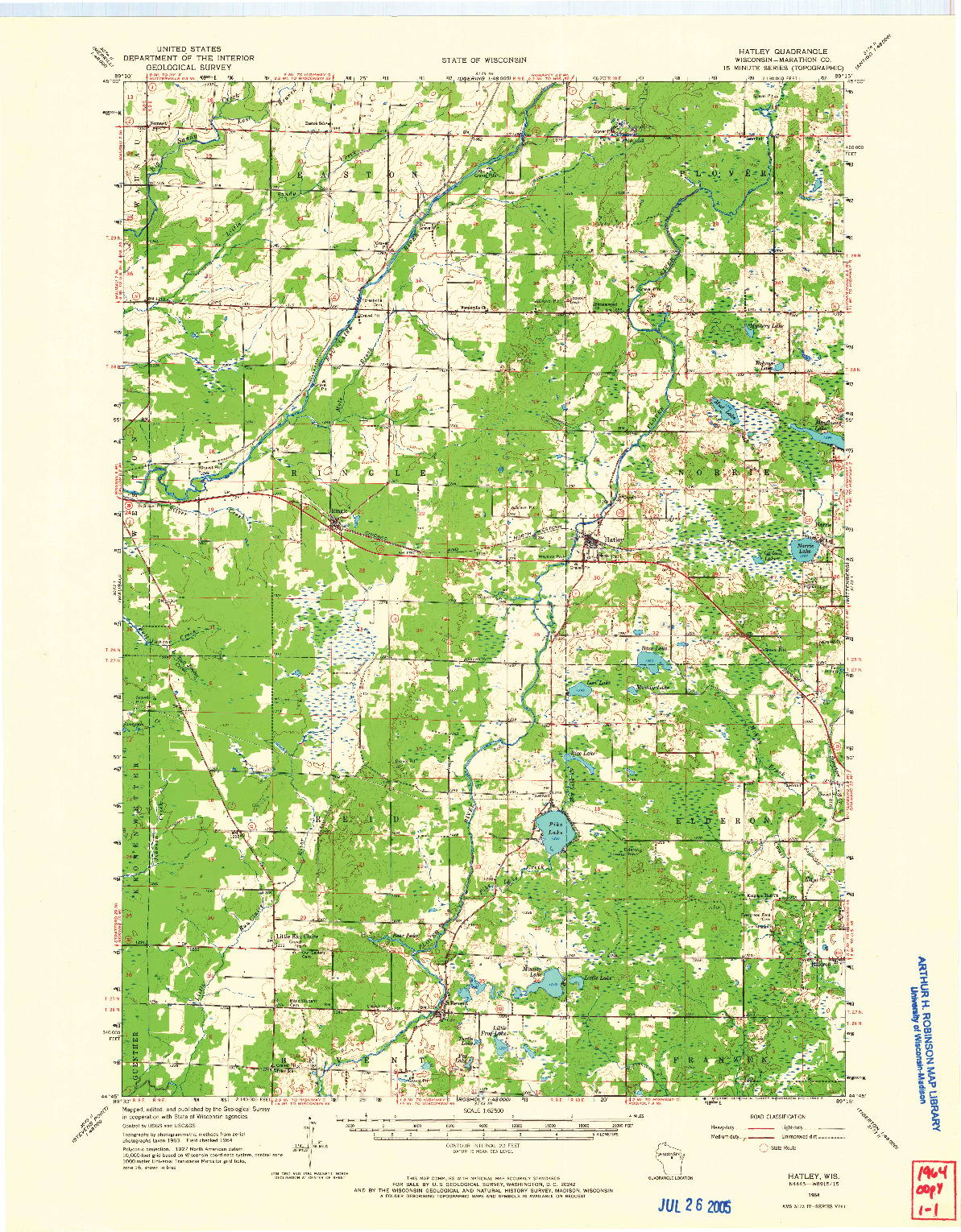 USGS 1:62500-SCALE QUADRANGLE FOR HATLEY, WI 1964