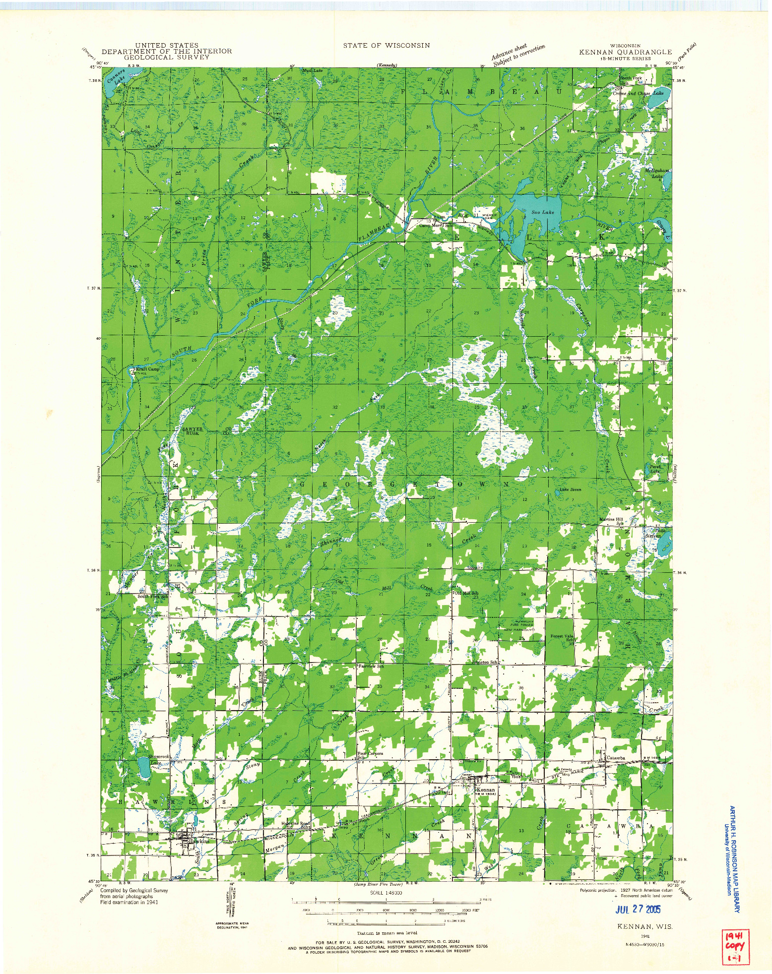 USGS 1:48000-SCALE QUADRANGLE FOR KENNAN, WI 1941