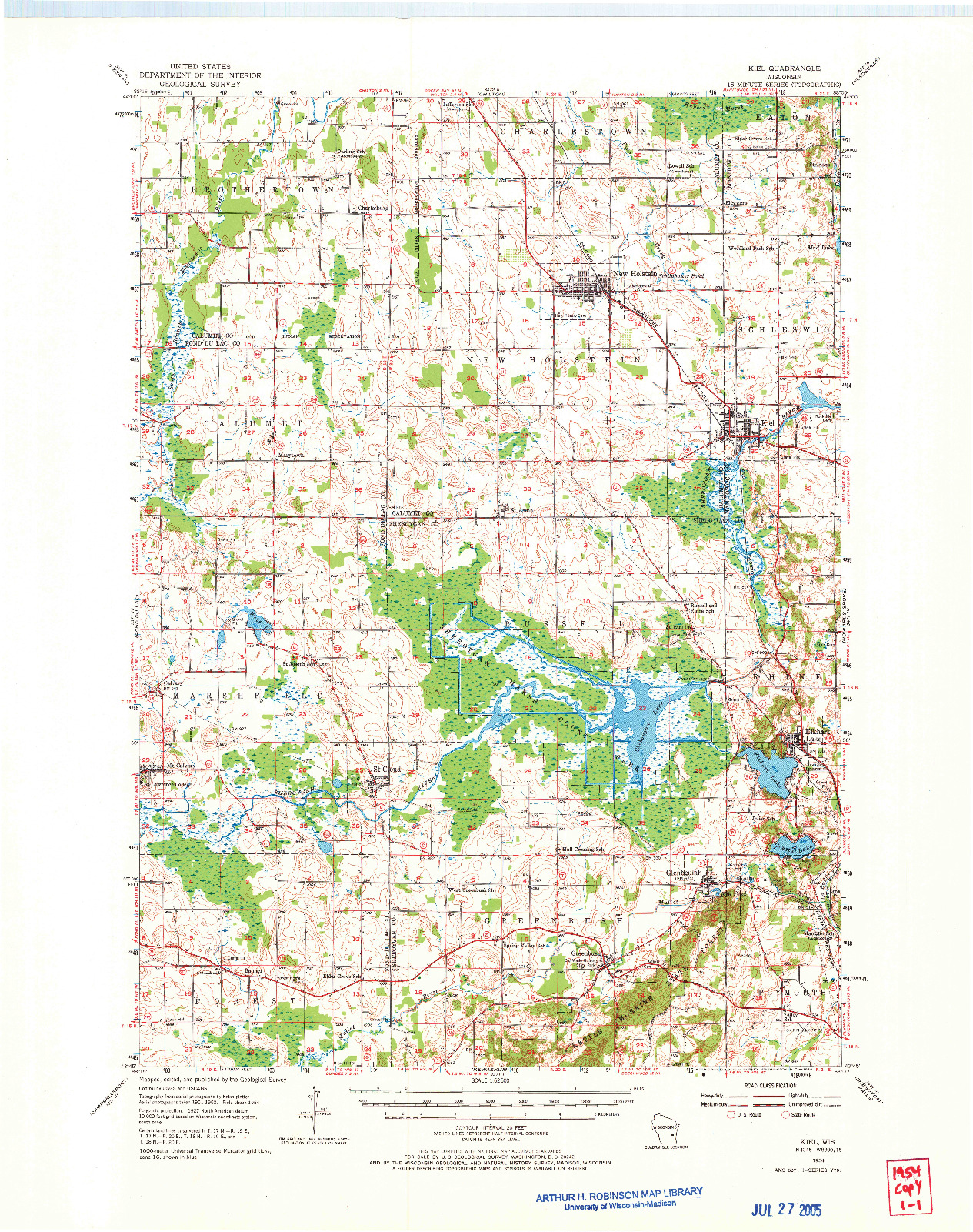 USGS 1:62500-SCALE QUADRANGLE FOR KIEL, WI 1954