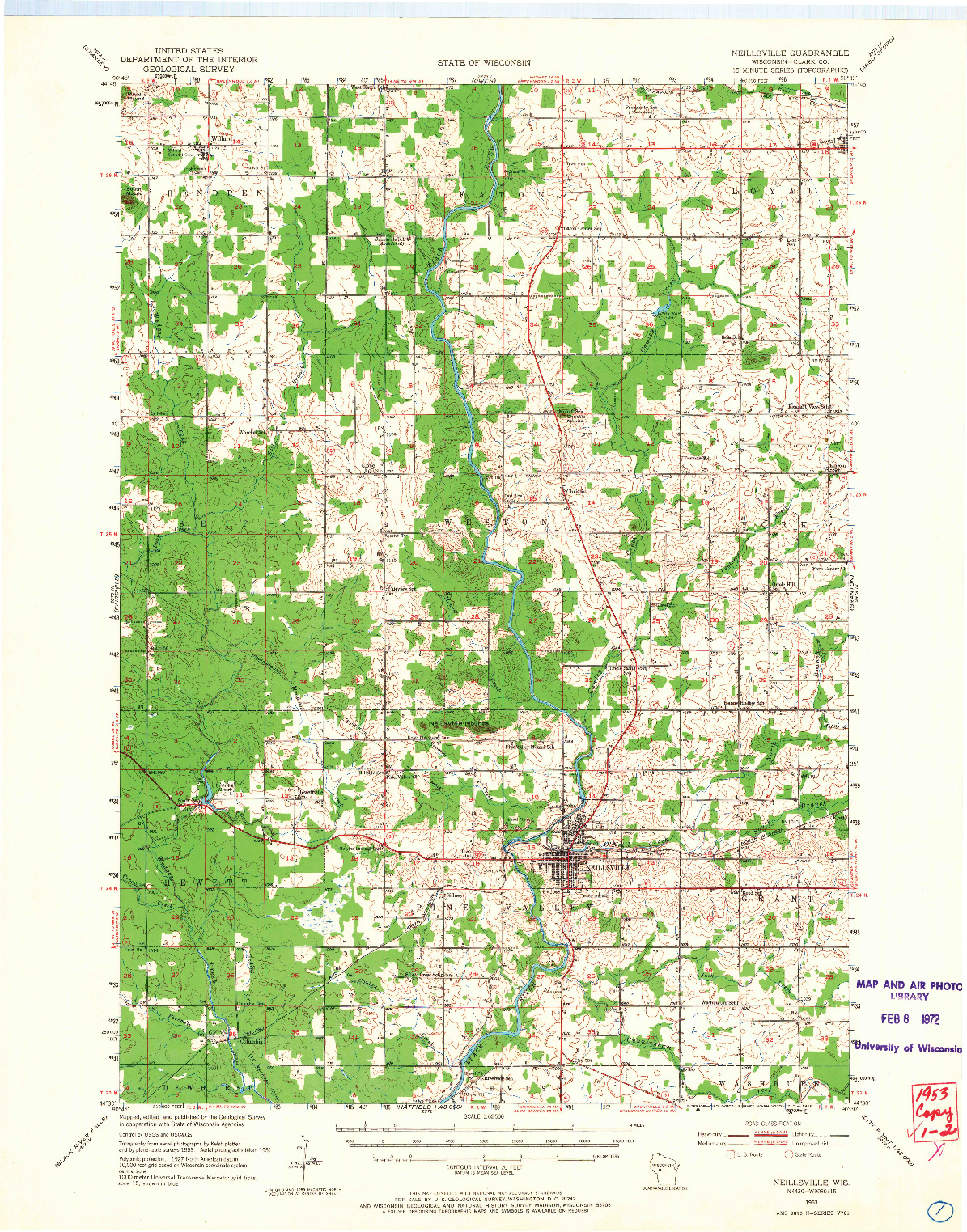 USGS 1:62500-SCALE QUADRANGLE FOR NEILLSVILLE, WI 1953