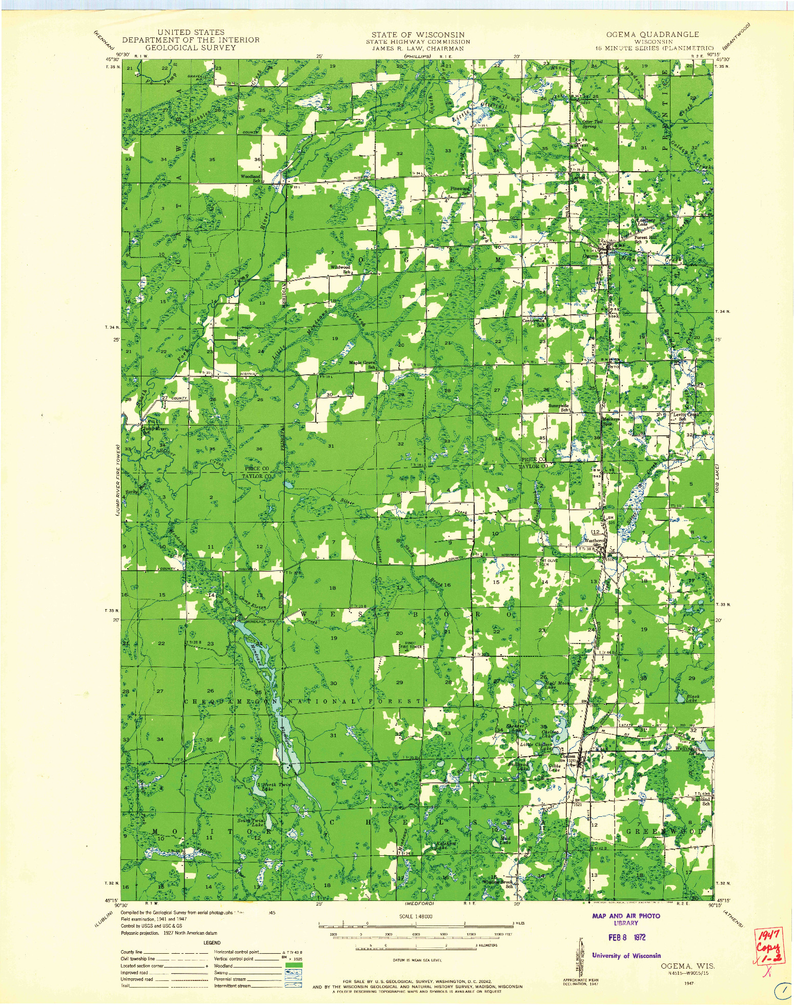 USGS 1:48000-SCALE QUADRANGLE FOR OGEMA, WI 1947