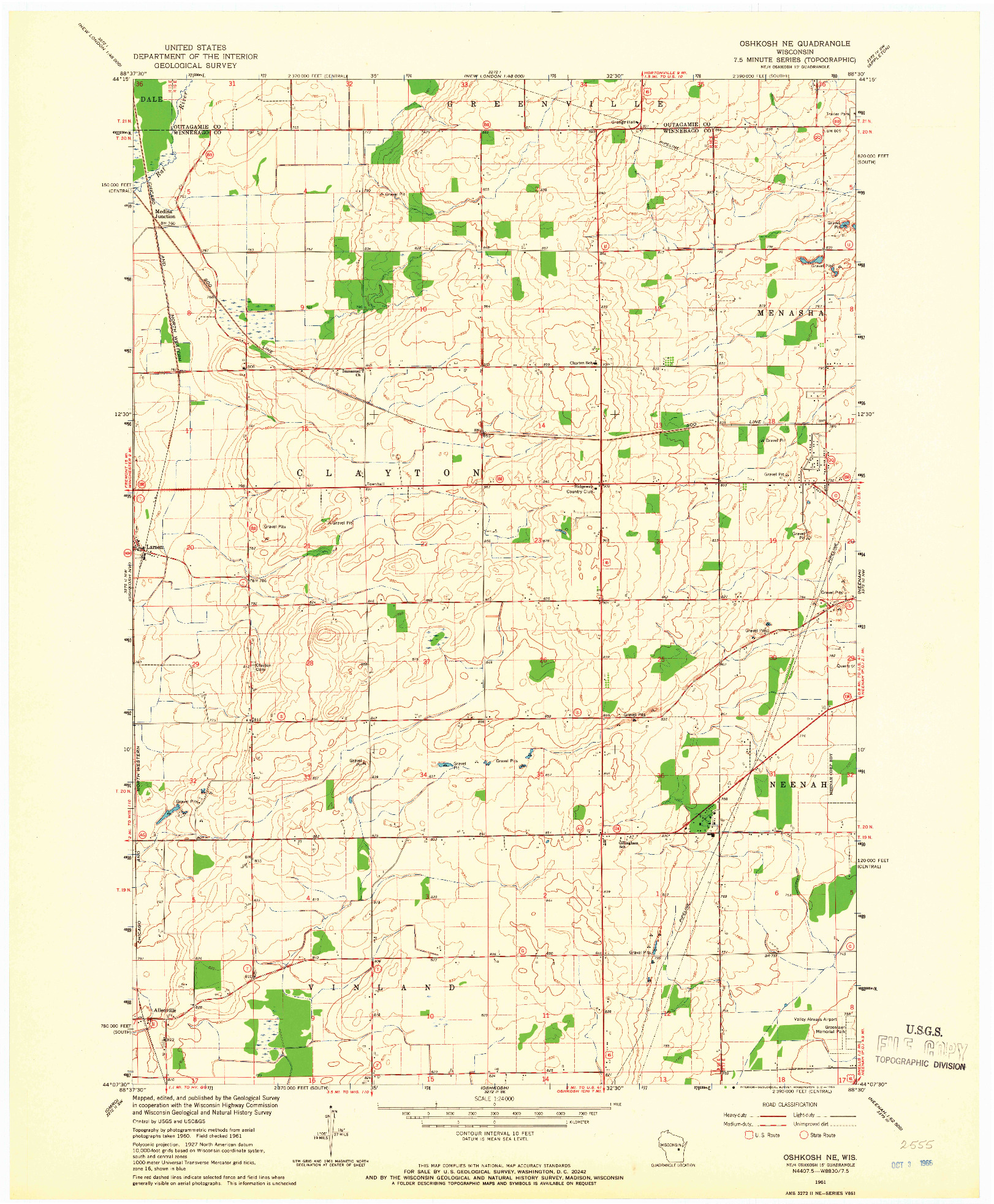 USGS 1:24000-SCALE QUADRANGLE FOR OSHKOSH NE, WI 1961