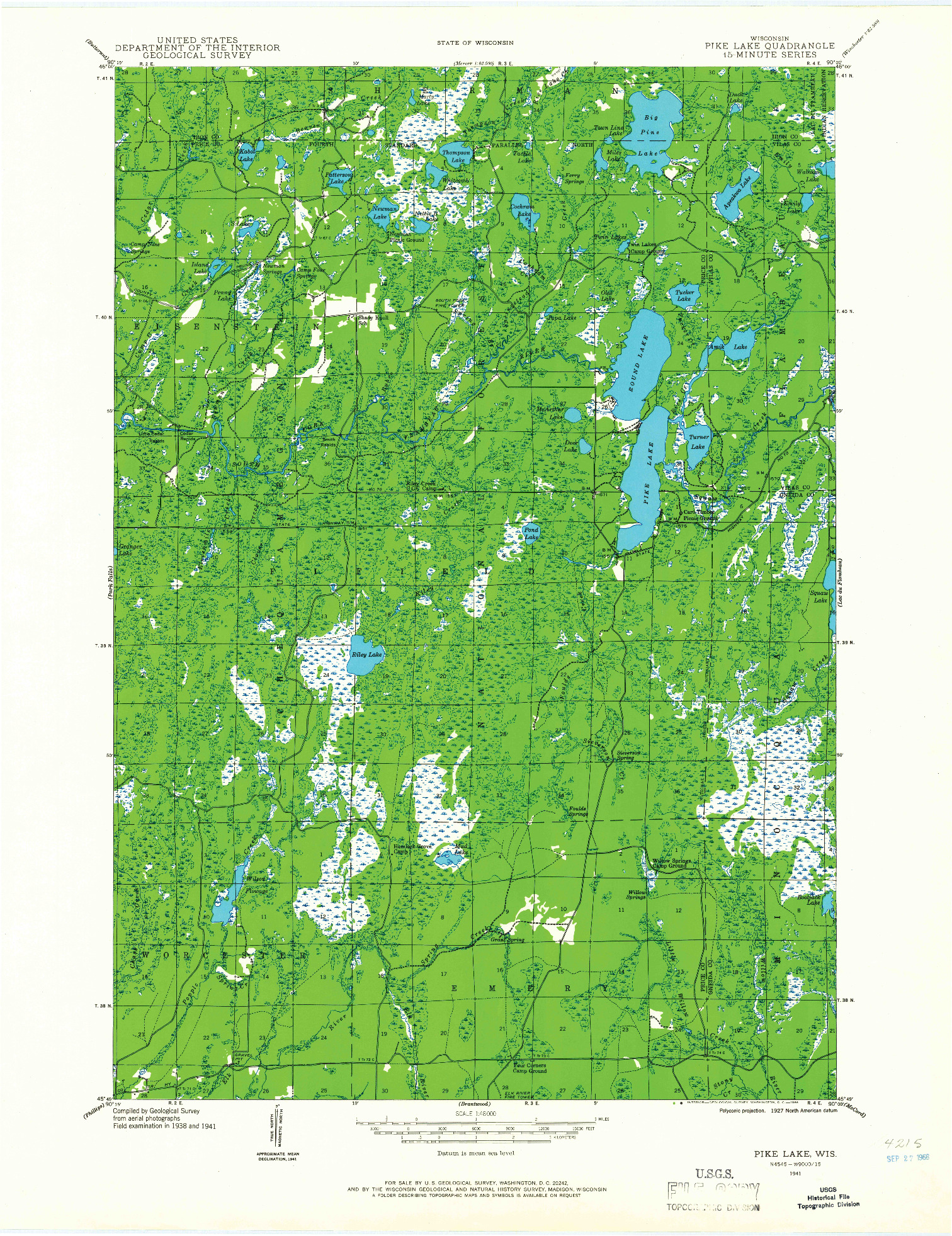 USGS 1:48000-SCALE QUADRANGLE FOR PIKE LAKE, WI 1941