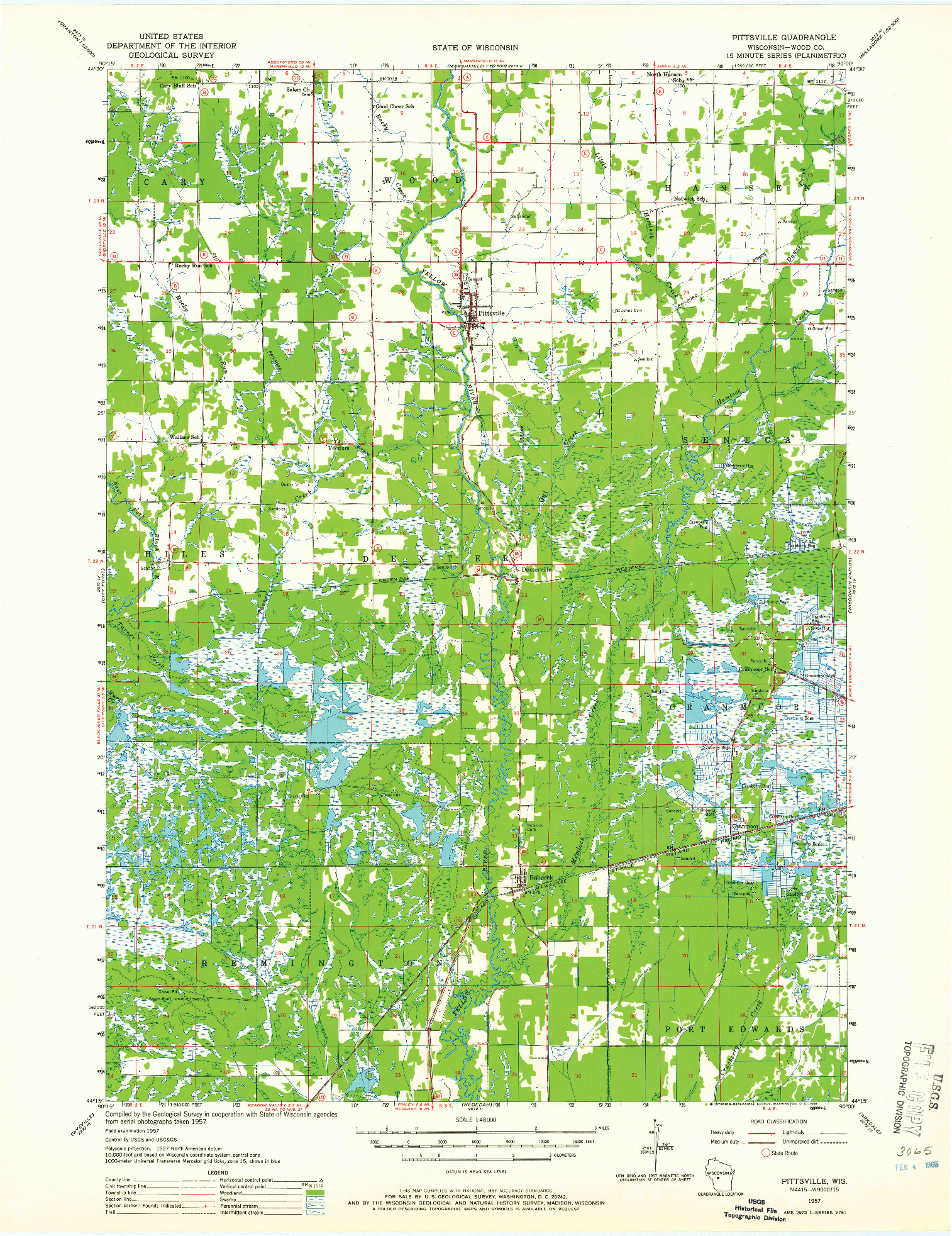 USGS 1:48000-SCALE QUADRANGLE FOR PITTSVILLE, WI 1957