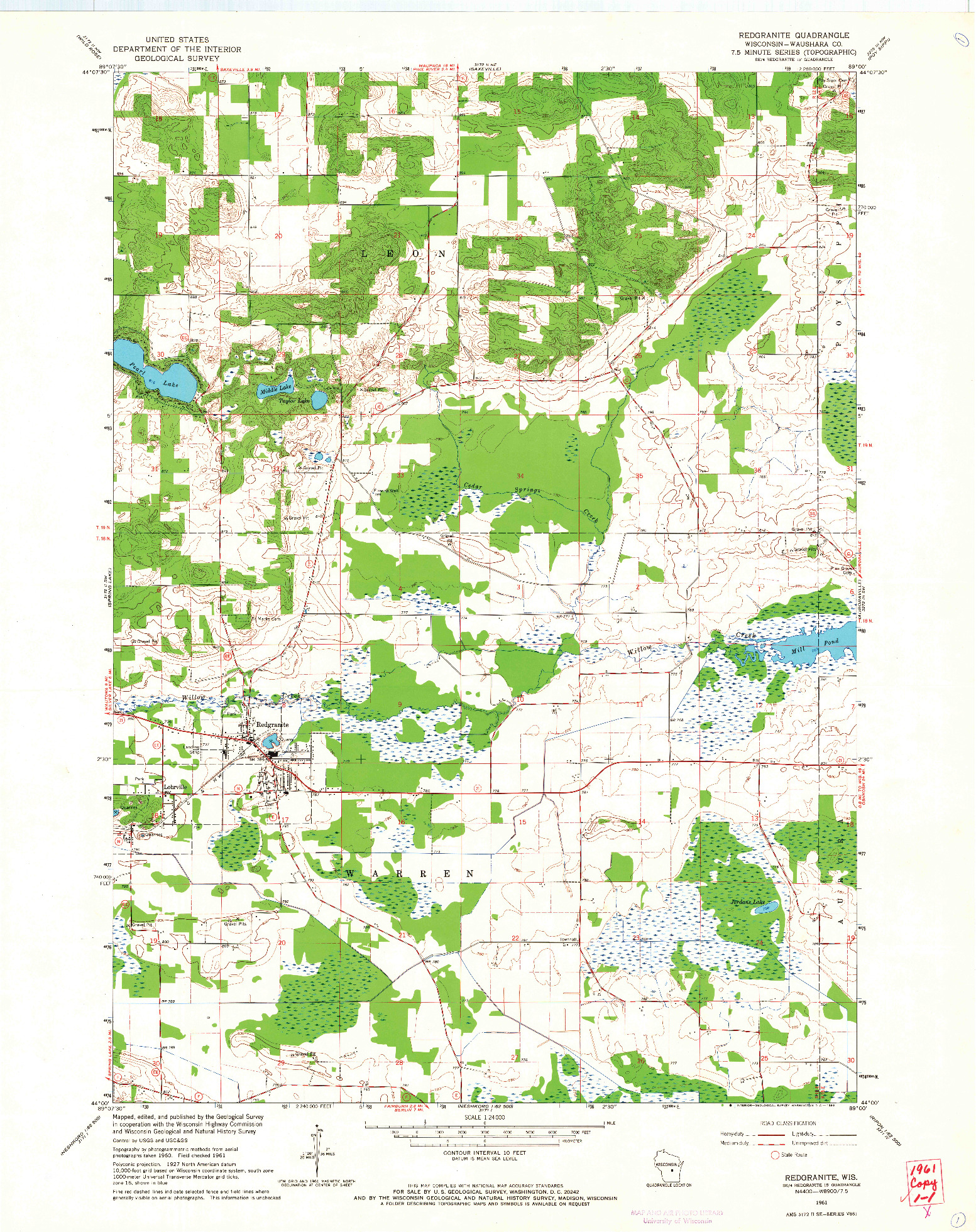USGS 1:24000-SCALE QUADRANGLE FOR REDGRANITE, WI 1961