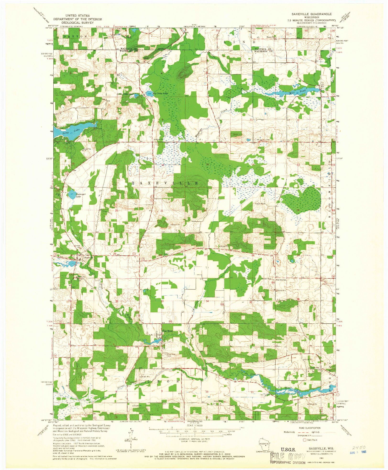 USGS 1:24000-SCALE QUADRANGLE FOR SAXEVILLE, WI 1961