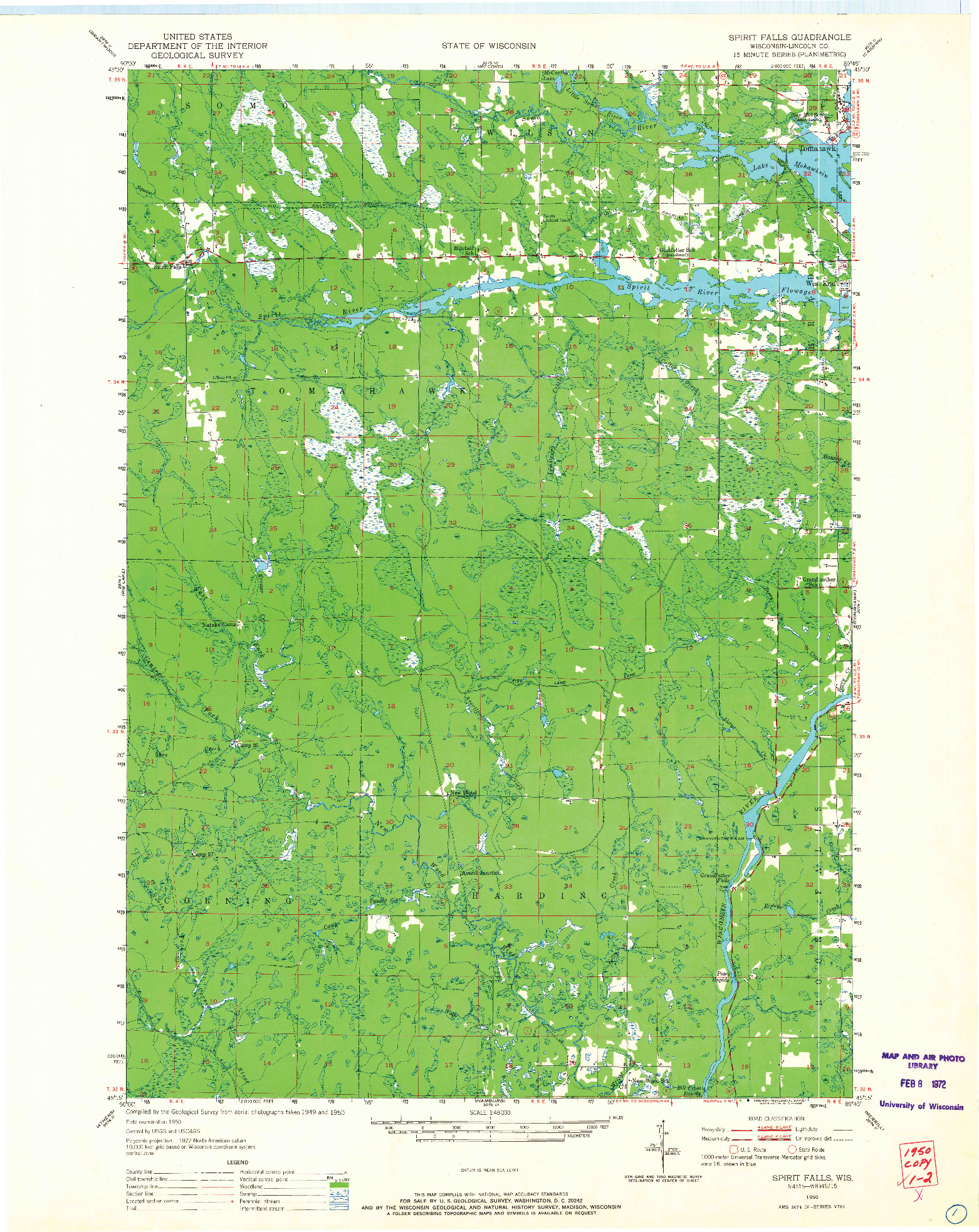 USGS 1:48000-SCALE QUADRANGLE FOR SPIRIT FALLS, WI 1950