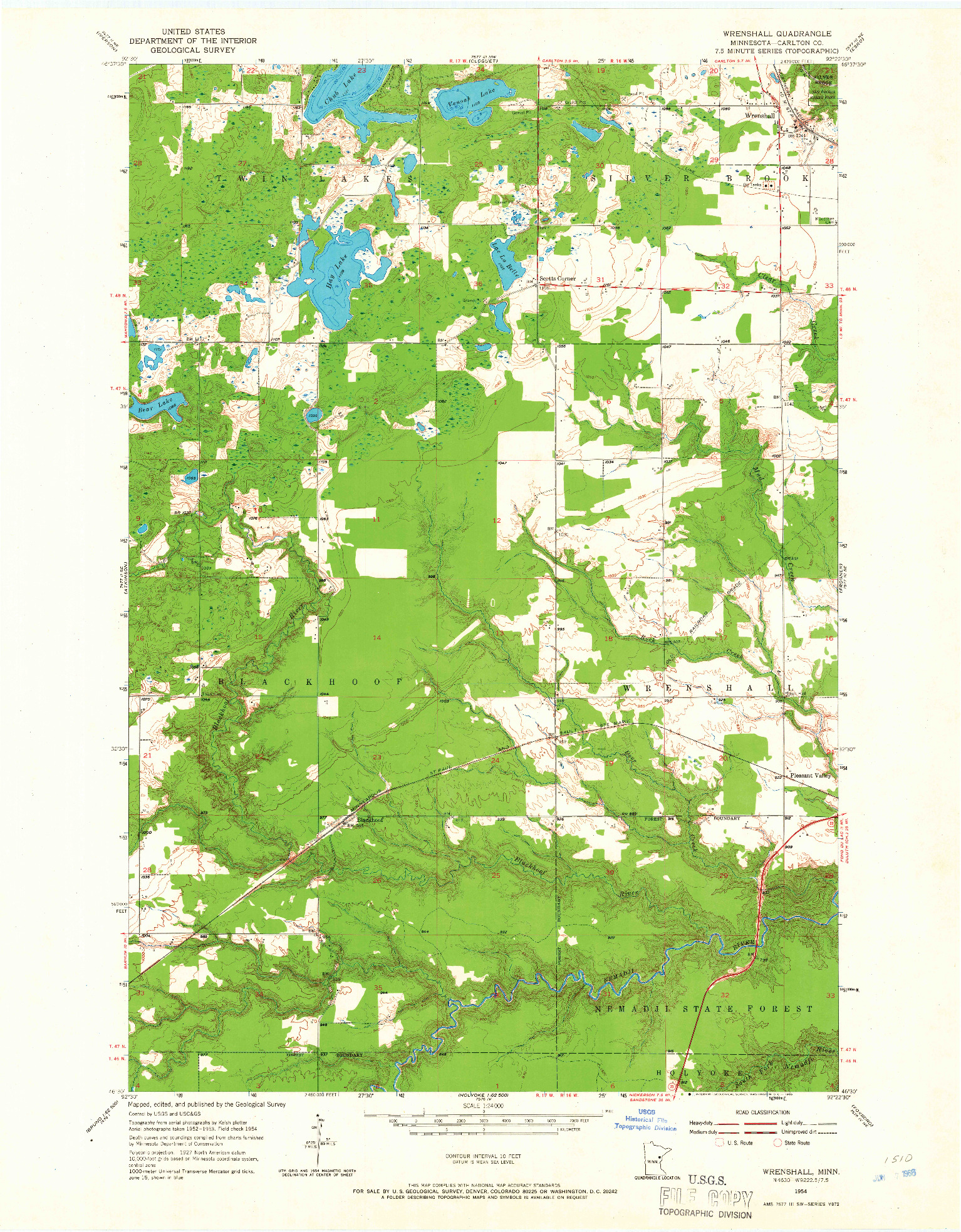 USGS 1:24000-SCALE QUADRANGLE FOR WRENSHALL, MN 1954