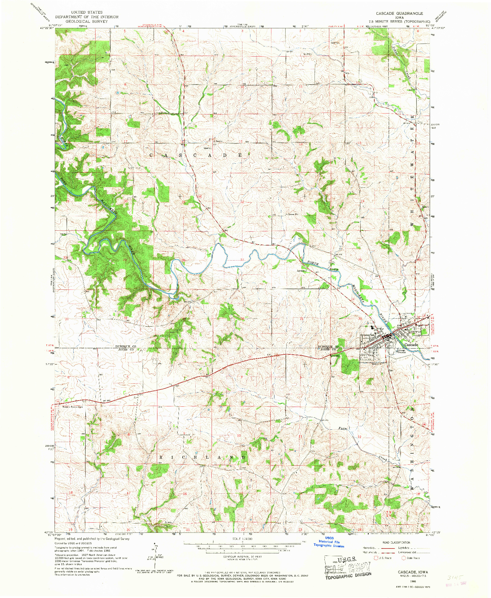 USGS 1:24000-SCALE QUADRANGLE FOR CASCADE, IA 1966