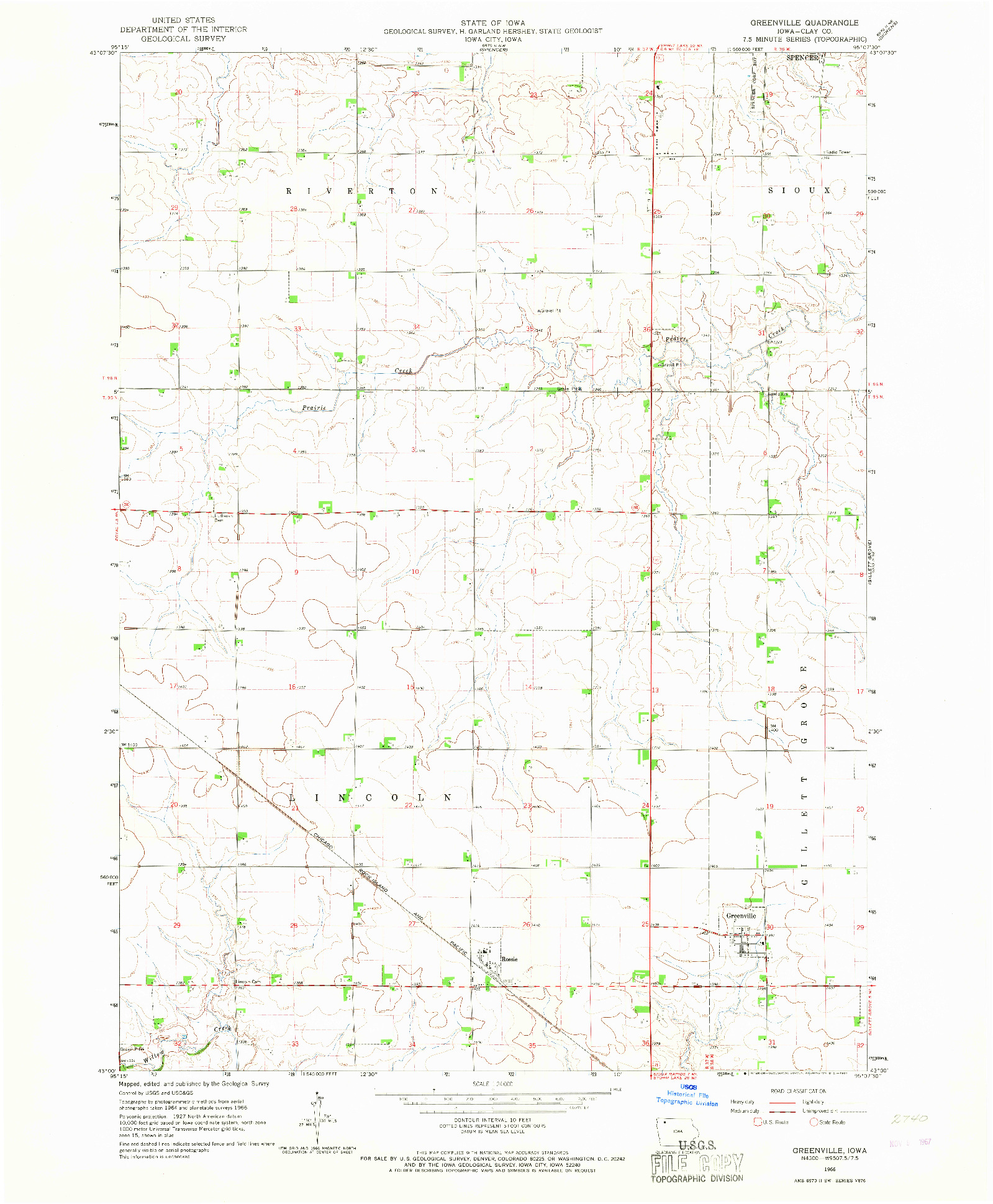 USGS 1:24000-SCALE QUADRANGLE FOR GREENVILLE, IA 1966