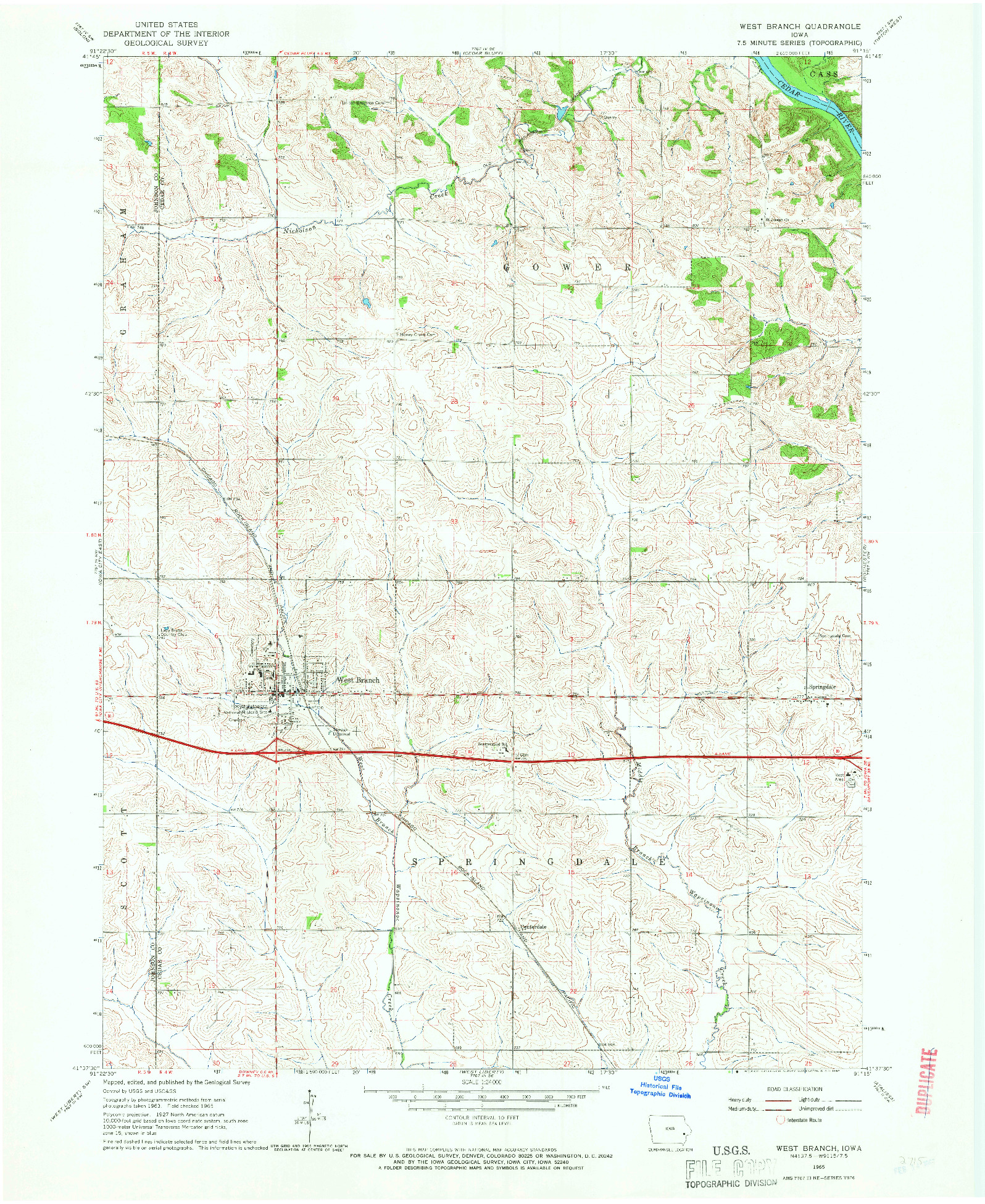 USGS 1:24000-SCALE QUADRANGLE FOR WEST BRANCH, IA 1965