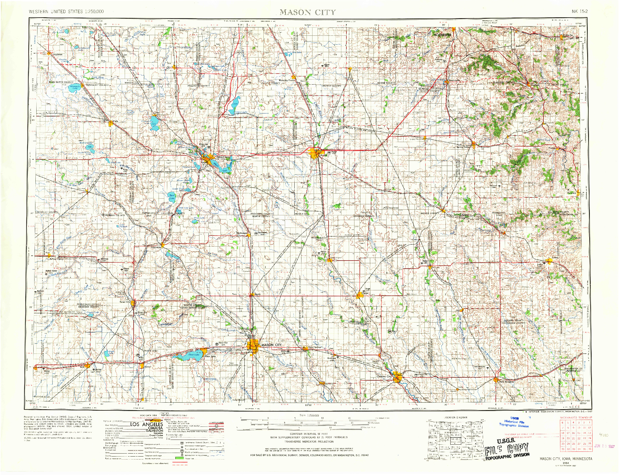 USGS 1:250000-SCALE QUADRANGLE FOR MASON CITY, IA 1954