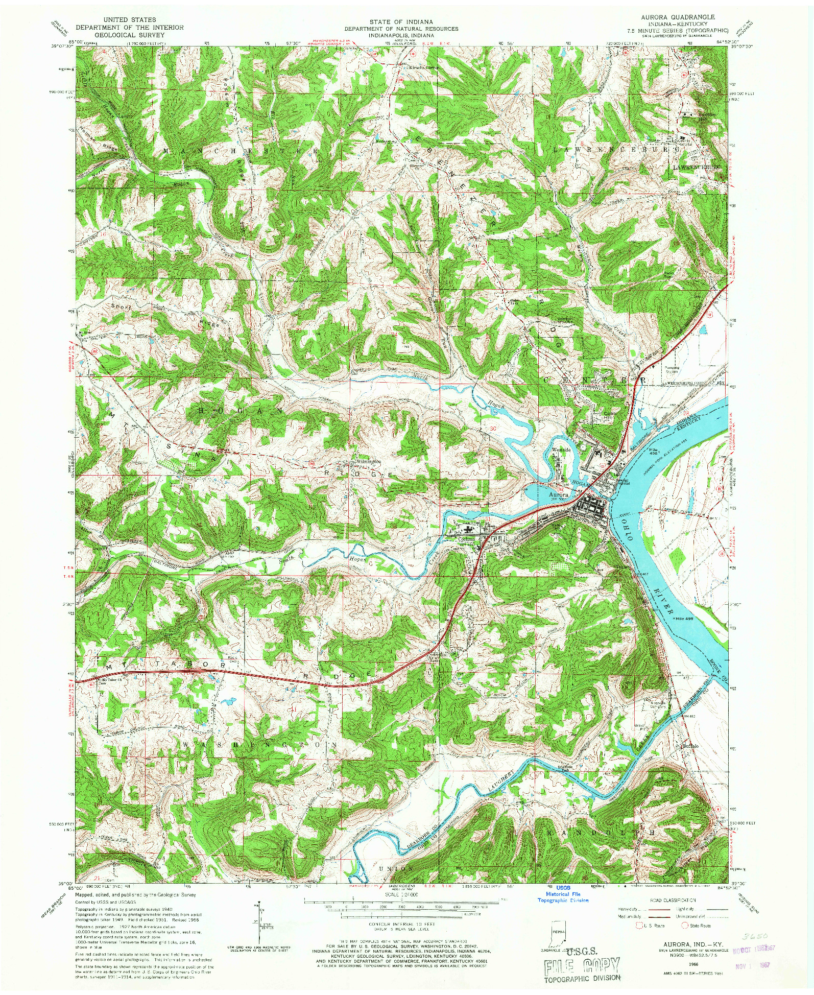 USGS 1:24000-SCALE QUADRANGLE FOR AURORA, IN 1966