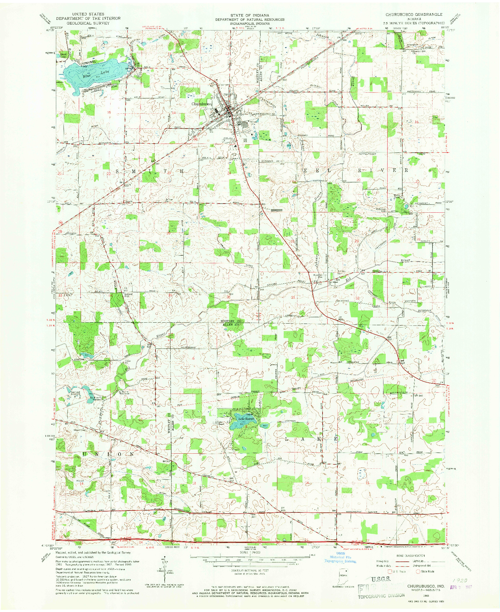 USGS 1:24000-SCALE QUADRANGLE FOR CHURUBUSCO, IN 1965