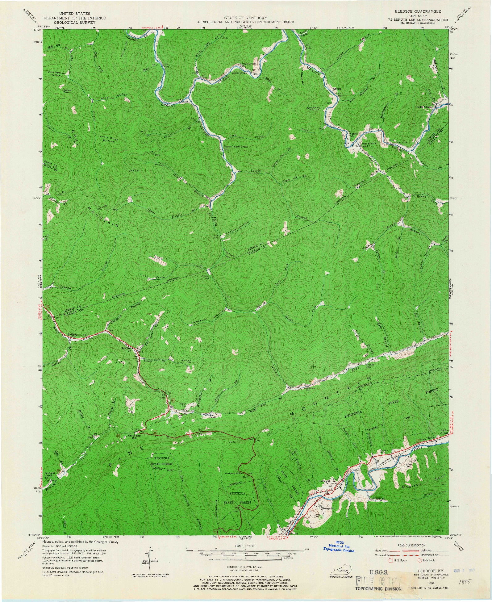 USGS 1:24000-SCALE QUADRANGLE FOR BLEDSOE, KY 1954