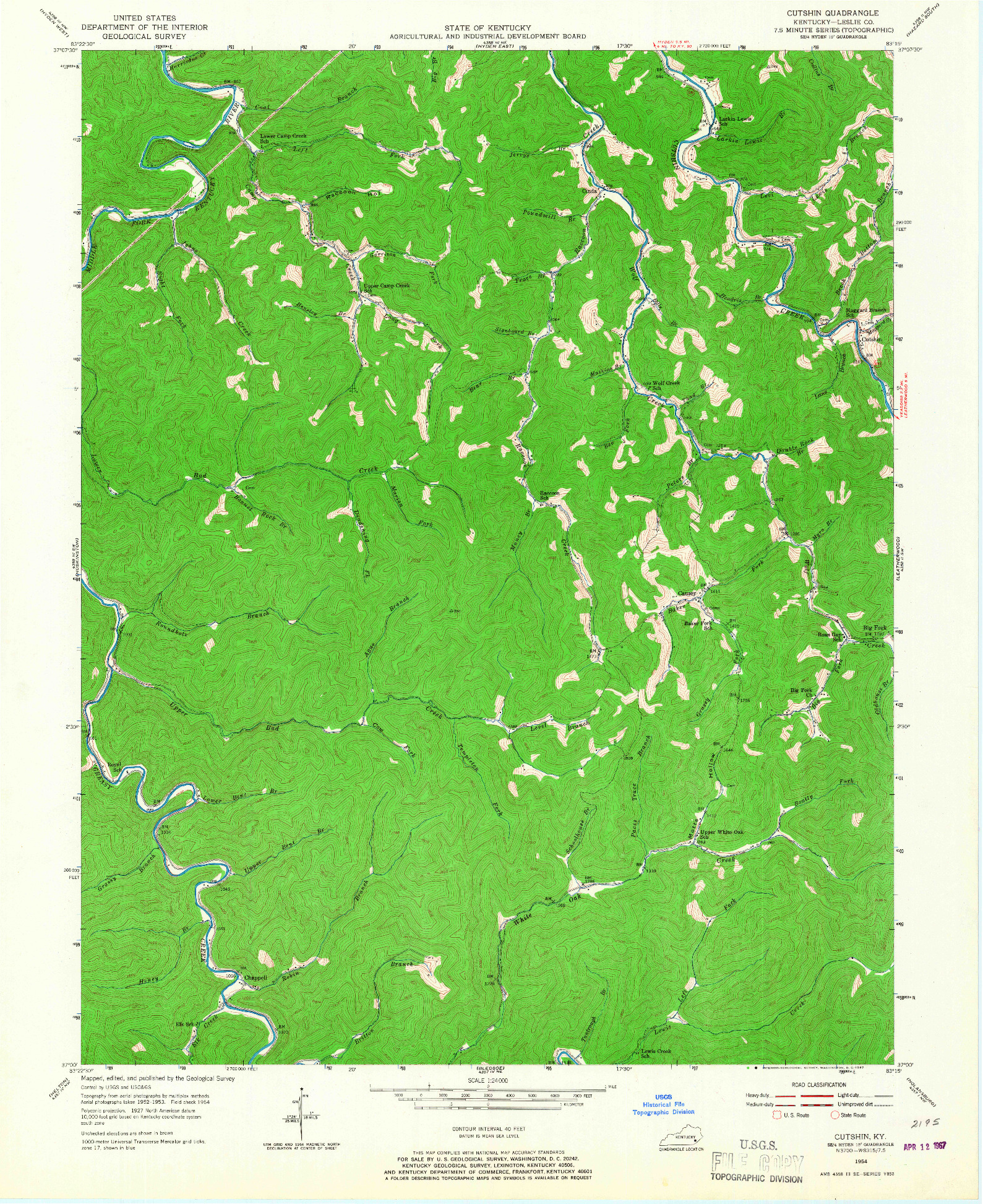 USGS 1:24000-SCALE QUADRANGLE FOR CUTSHIN, KY 1954