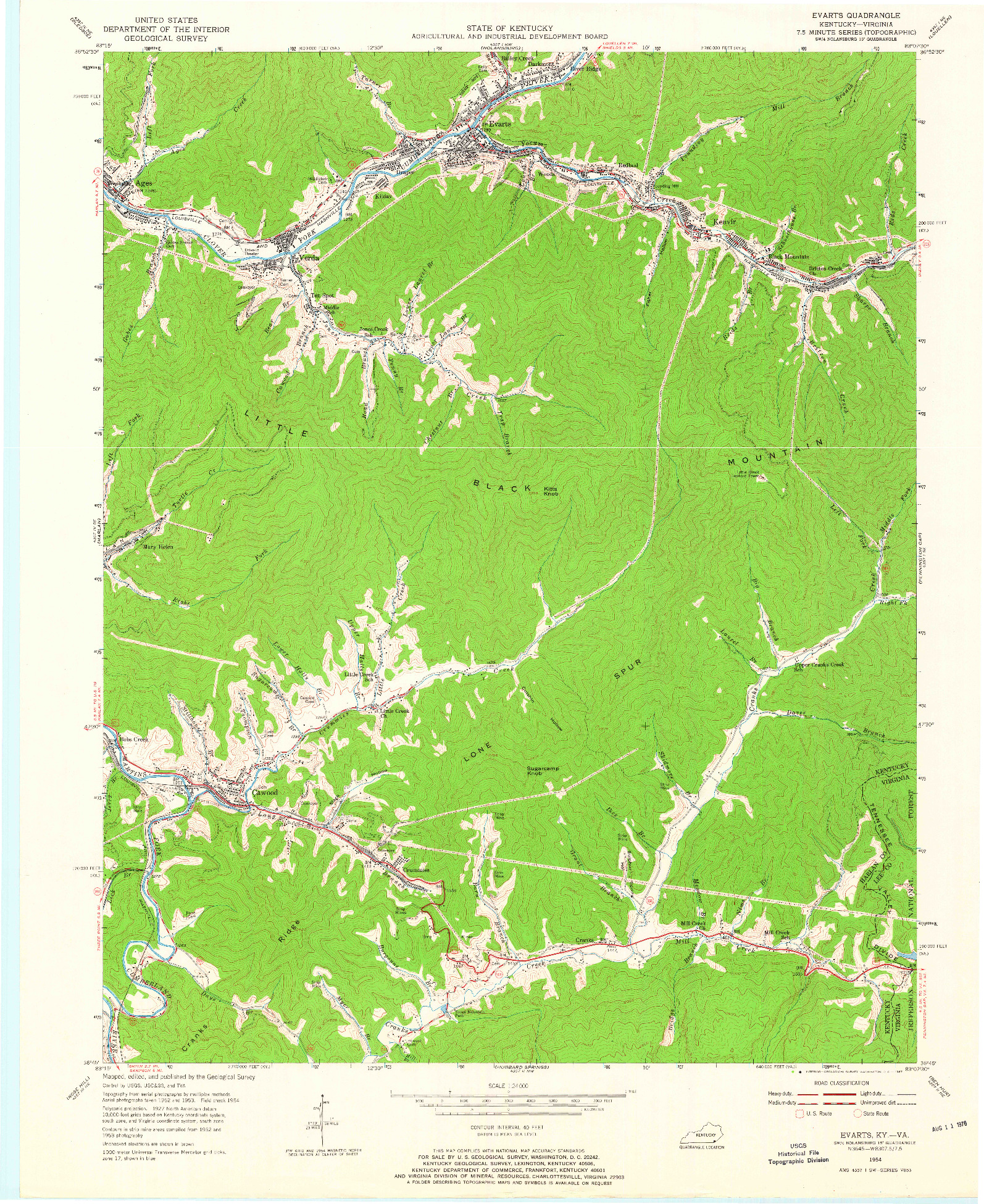 USGS 1:24000-SCALE QUADRANGLE FOR EVARTS, KY 1954