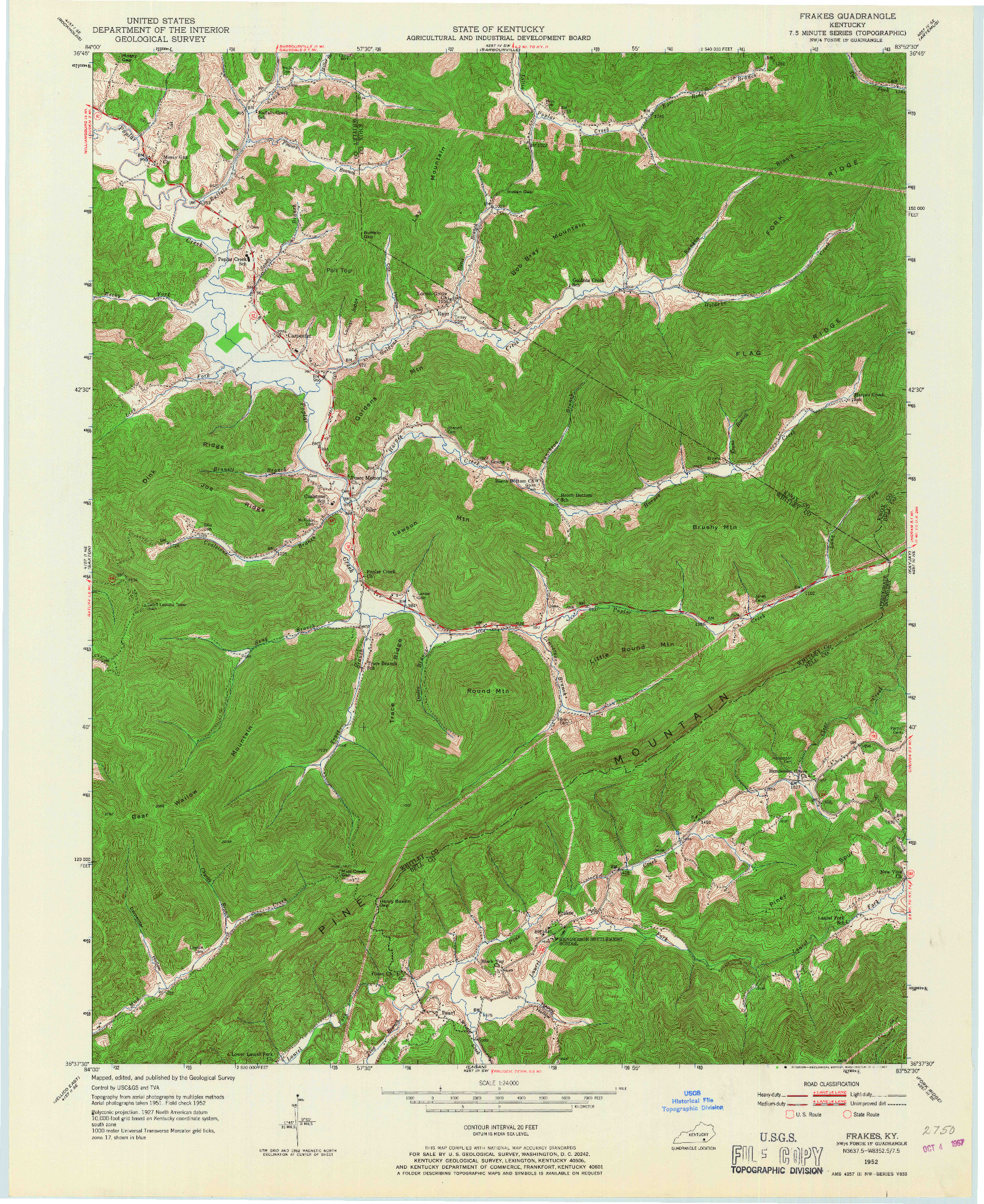 USGS 1:24000-SCALE QUADRANGLE FOR FRAKES, KY 1952