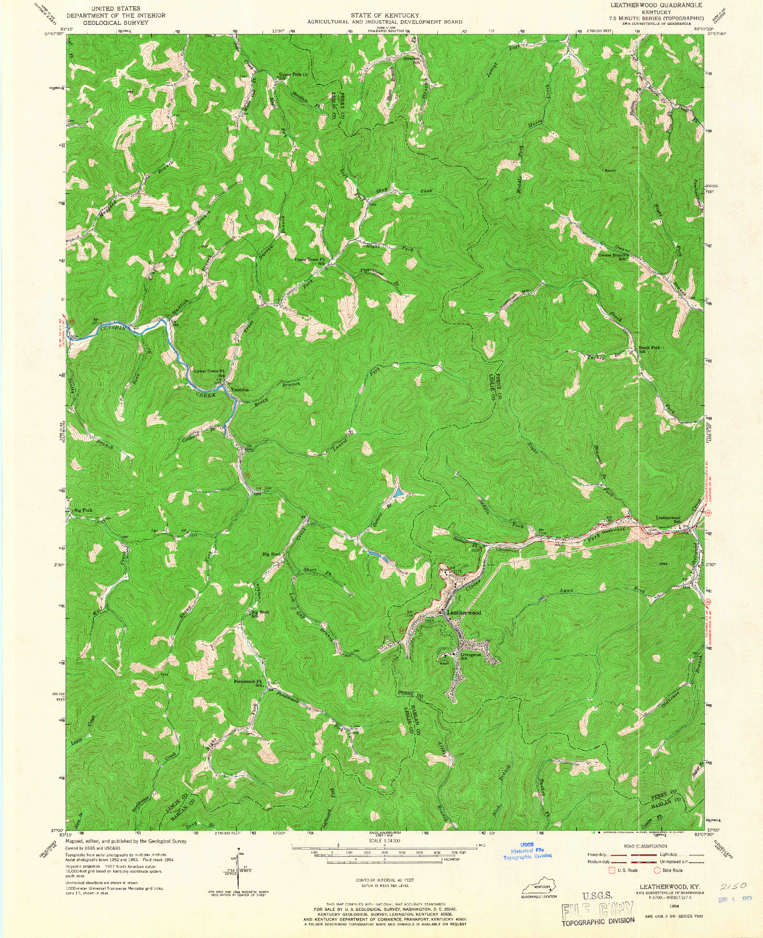 USGS 1:24000-SCALE QUADRANGLE FOR LEATHERWOOD, KY 1954